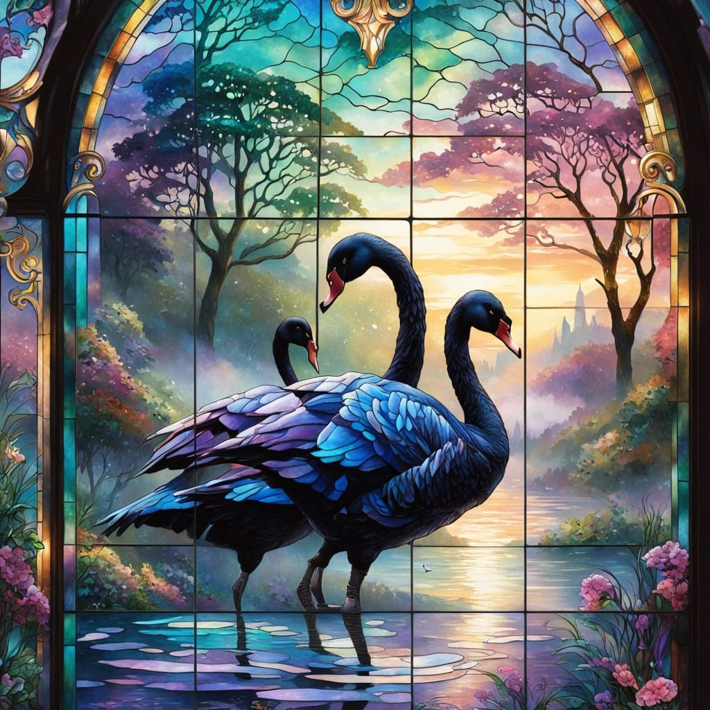 Stained Glass Black Swans in Ethereal Mist