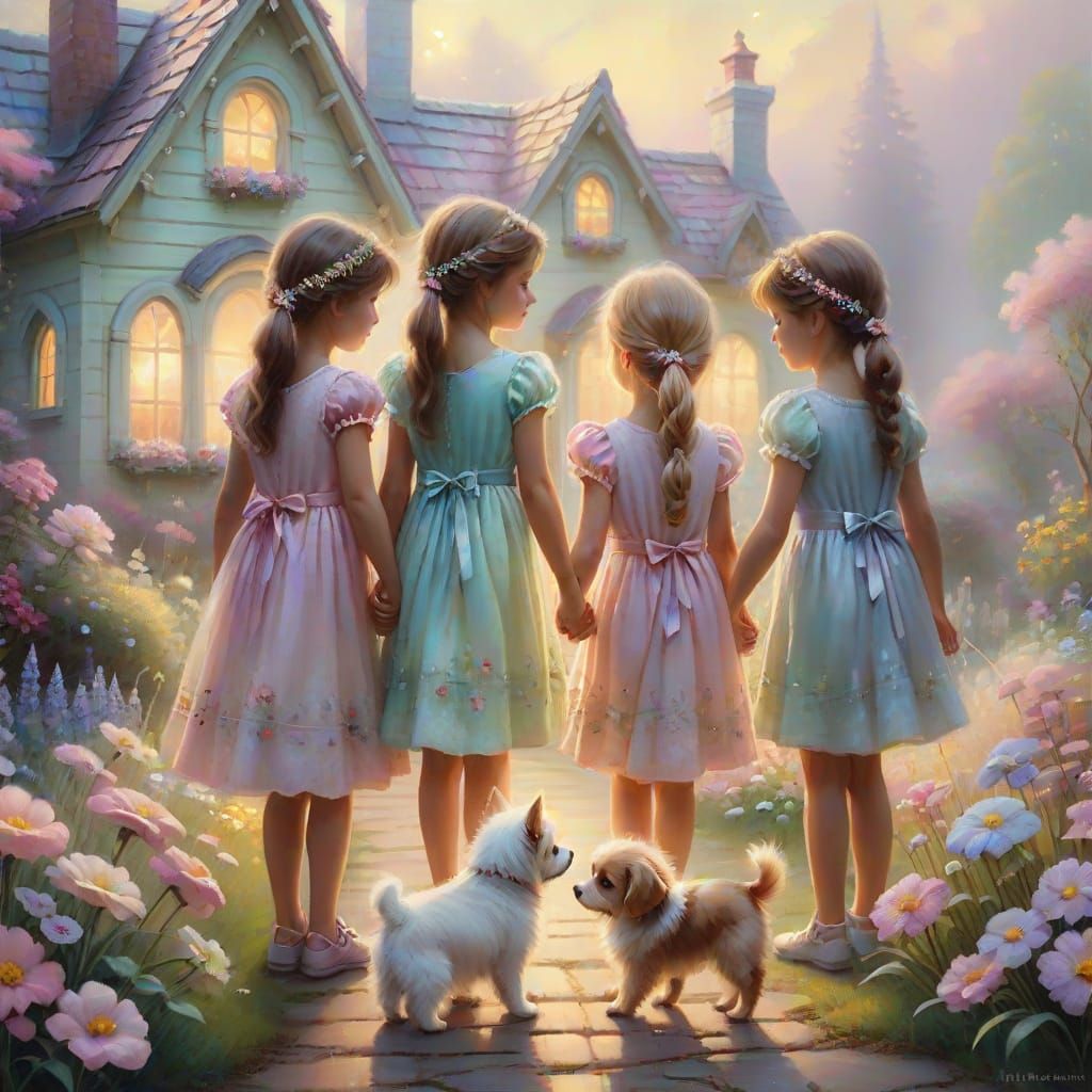 Enchanted Girls with Dog in Ethereal Fantasy Art