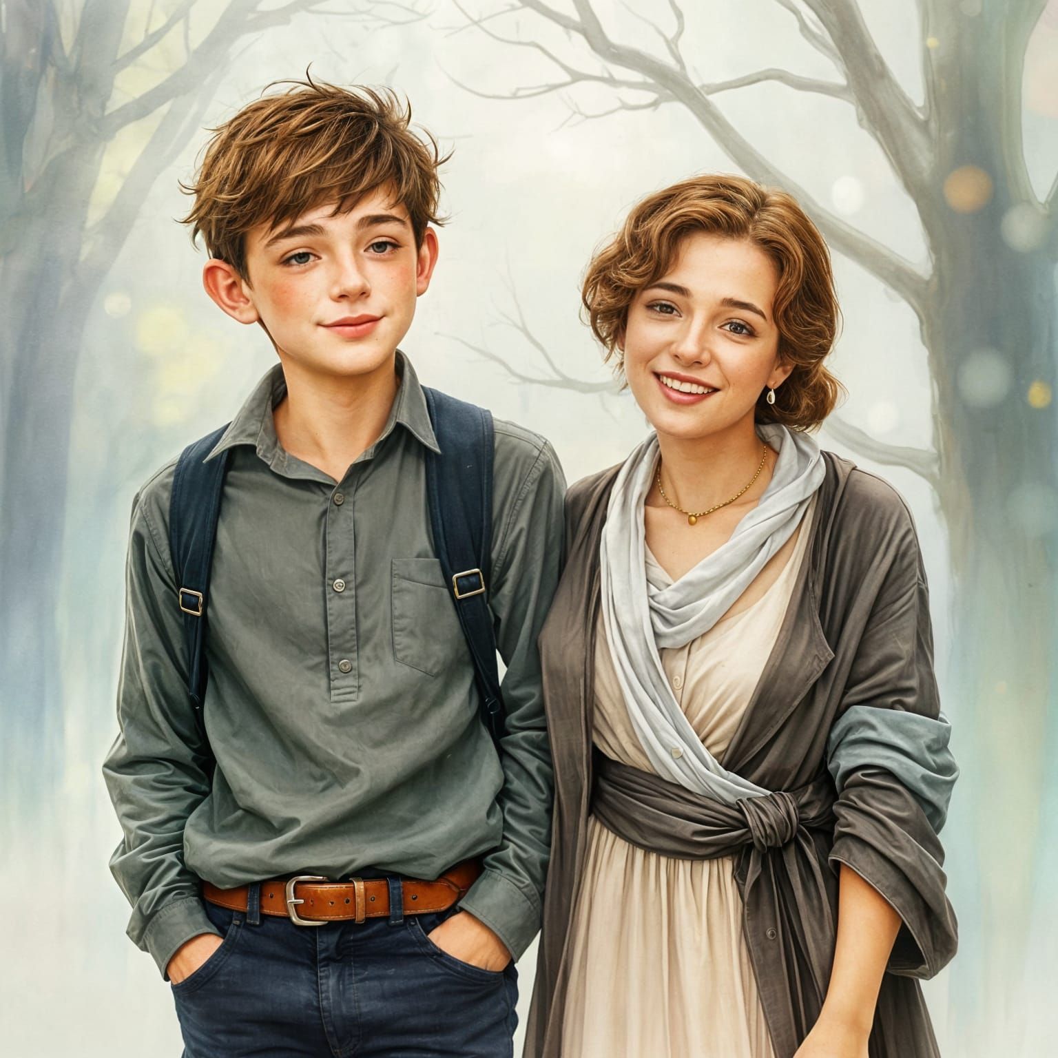 Ethereal Watercolor: Son with Mother in Heaven