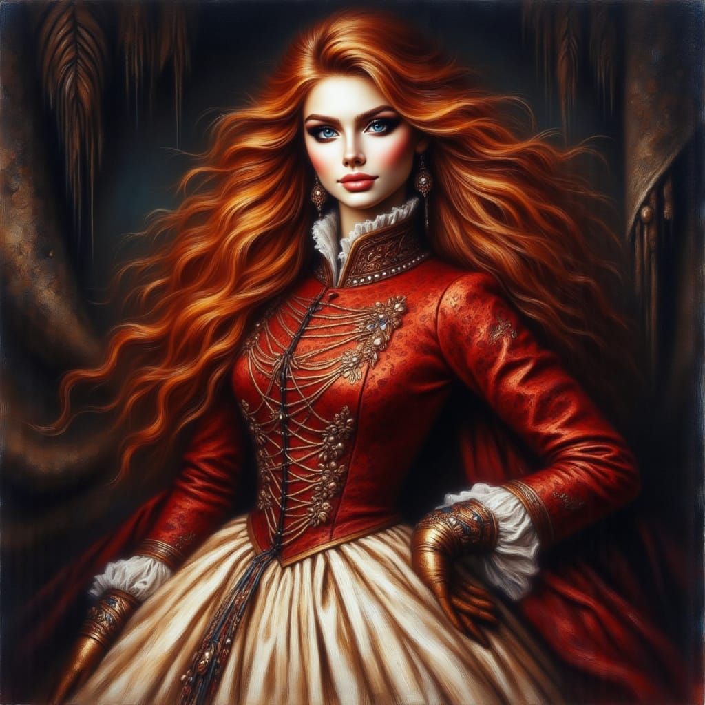 Woman in Red Hussar Jacket: Watercolor Acrylic Portrait