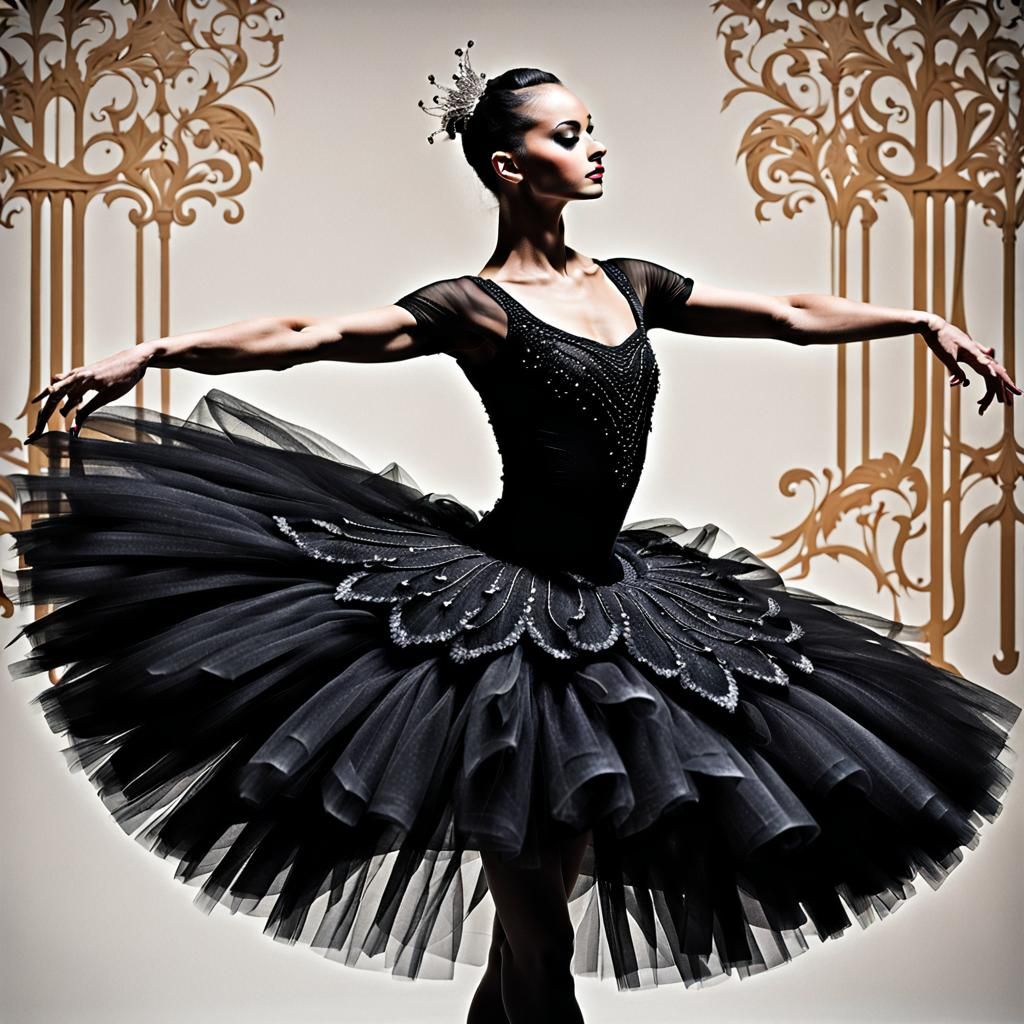 A ballerina dancing the balck swan inthe swan lake wearing a...