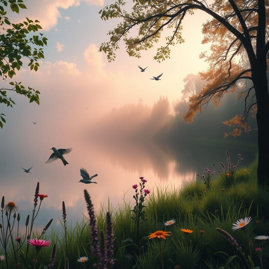 Serene Lake at Dawn in Impressionist Style