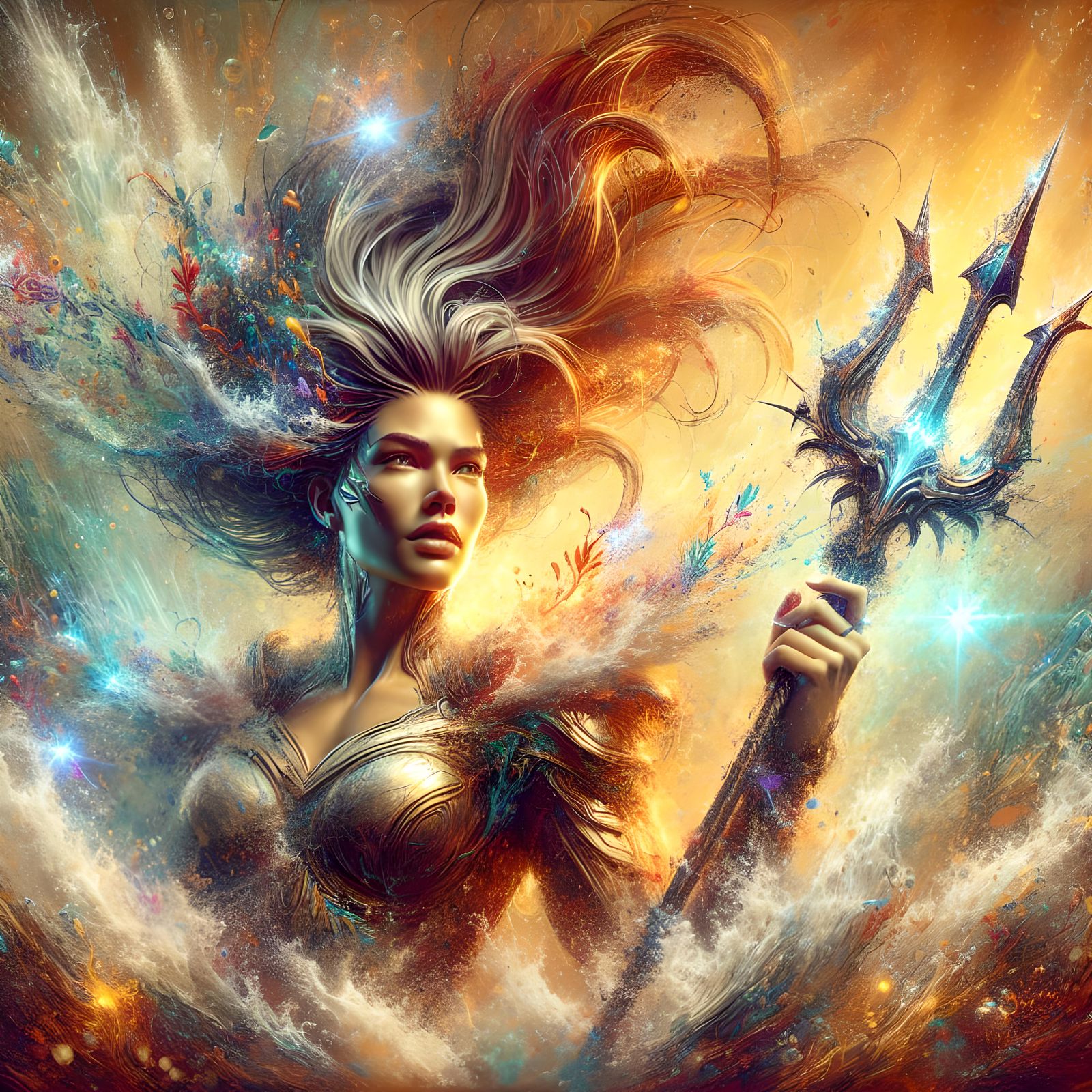Muscular Warrior Woman with Trident in Splash Art Style