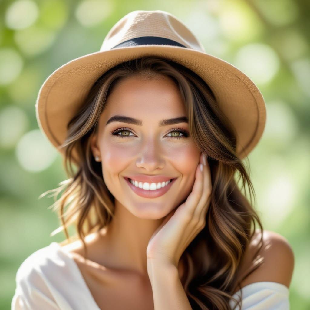 Photorealistic Portrait of Smiling Woman in Warm Sunlight