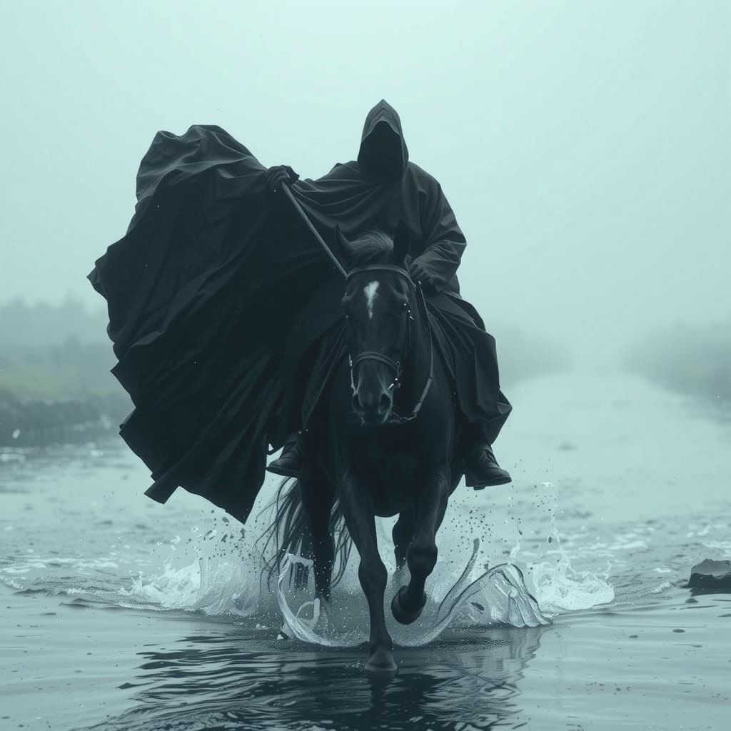 Dark Rider on Black Horse Galloping Through River