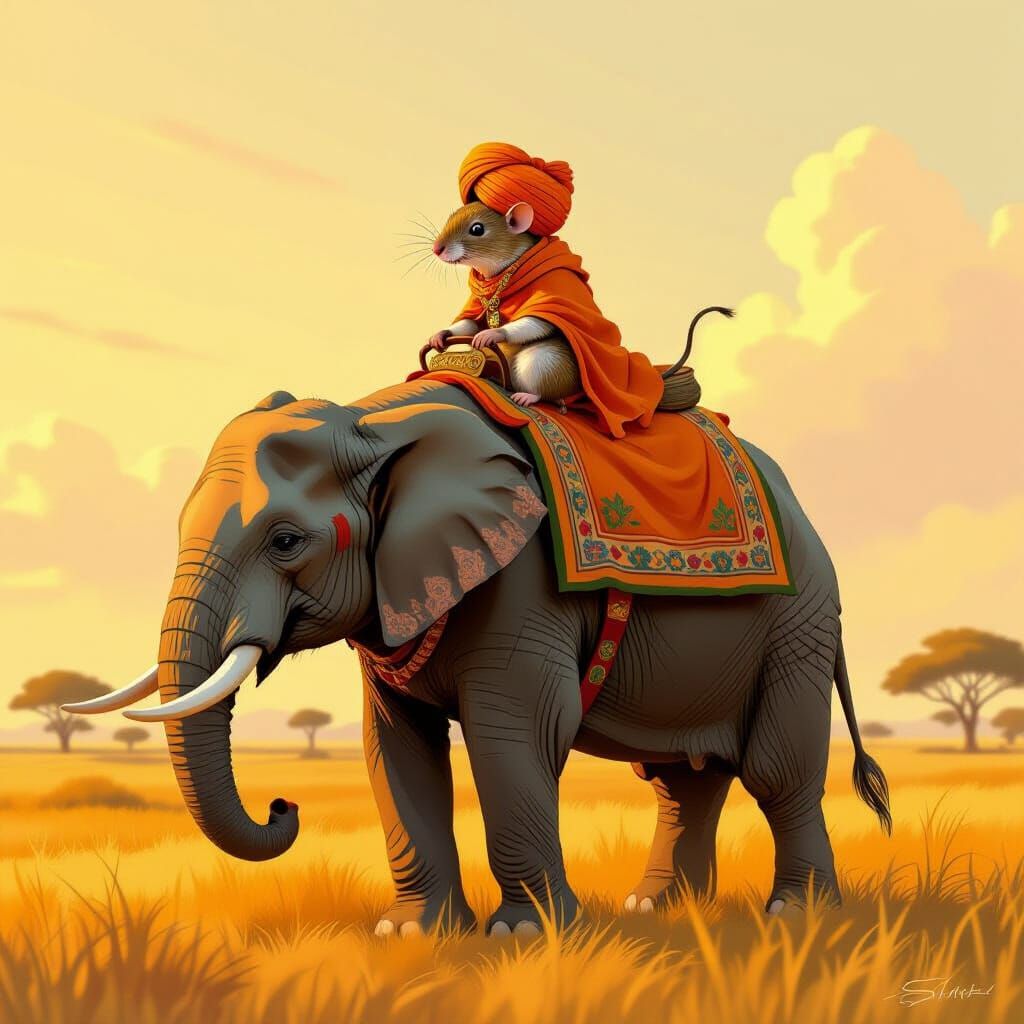 Mouse Rider on Elephant in Golden Savannah