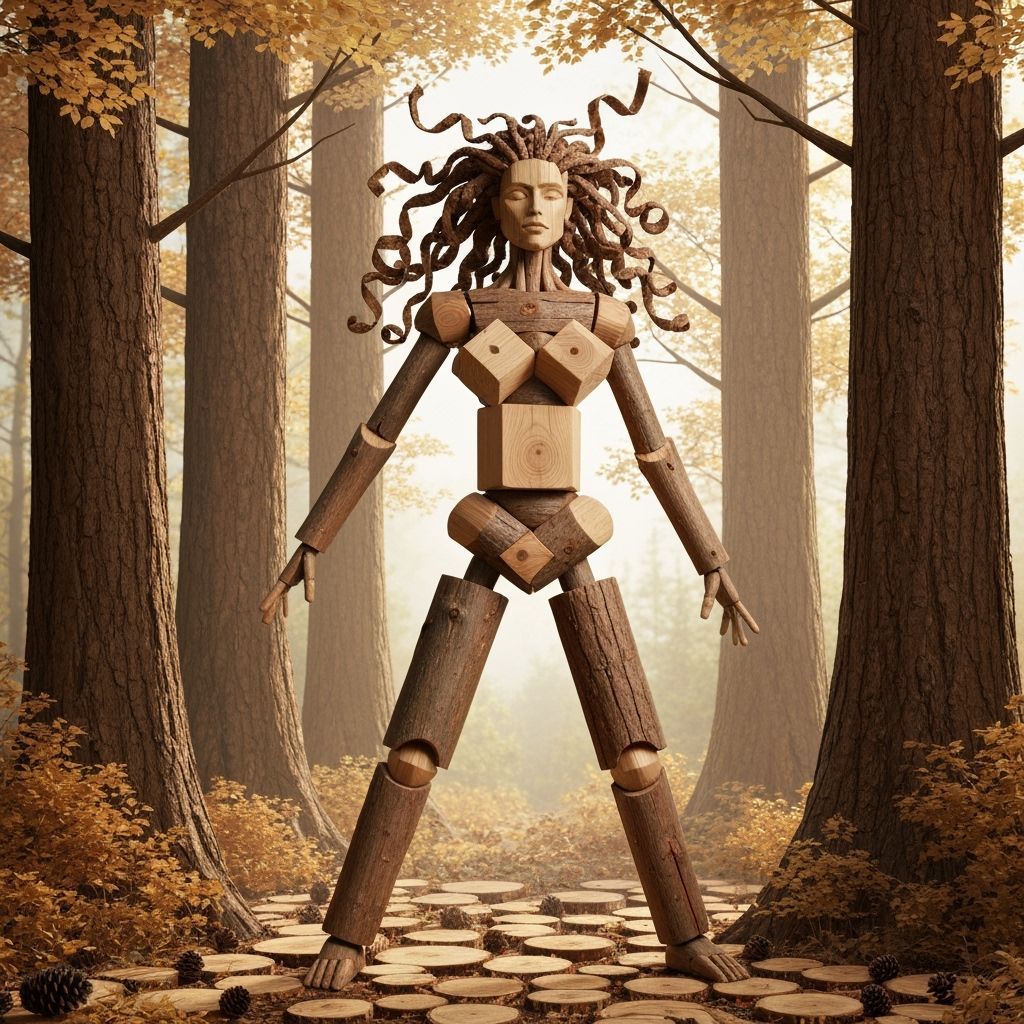 Wooden Humanoid Figure in Forest Clearing