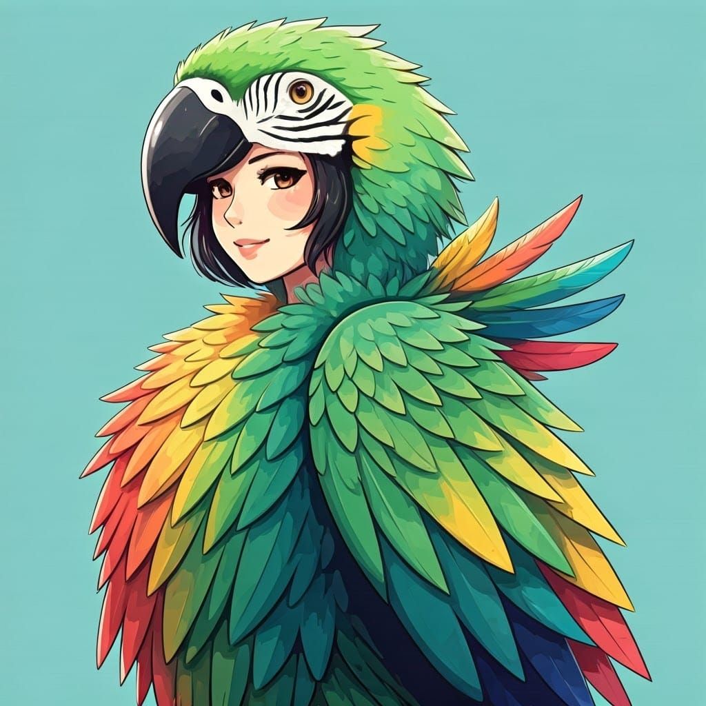 Anime Girl in Vibrant Parrot Costume with Bright Green Feath...