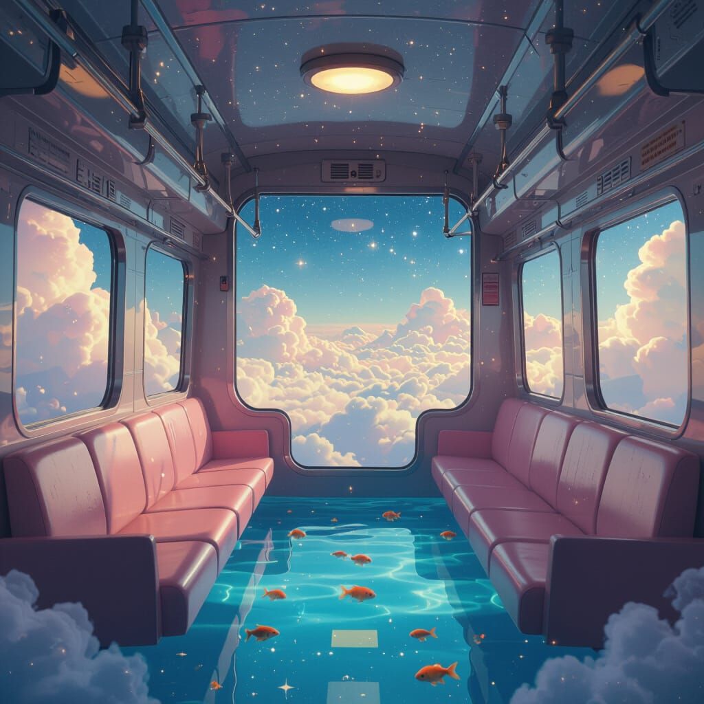 Vaporwave Train Cabin in Starry Sky