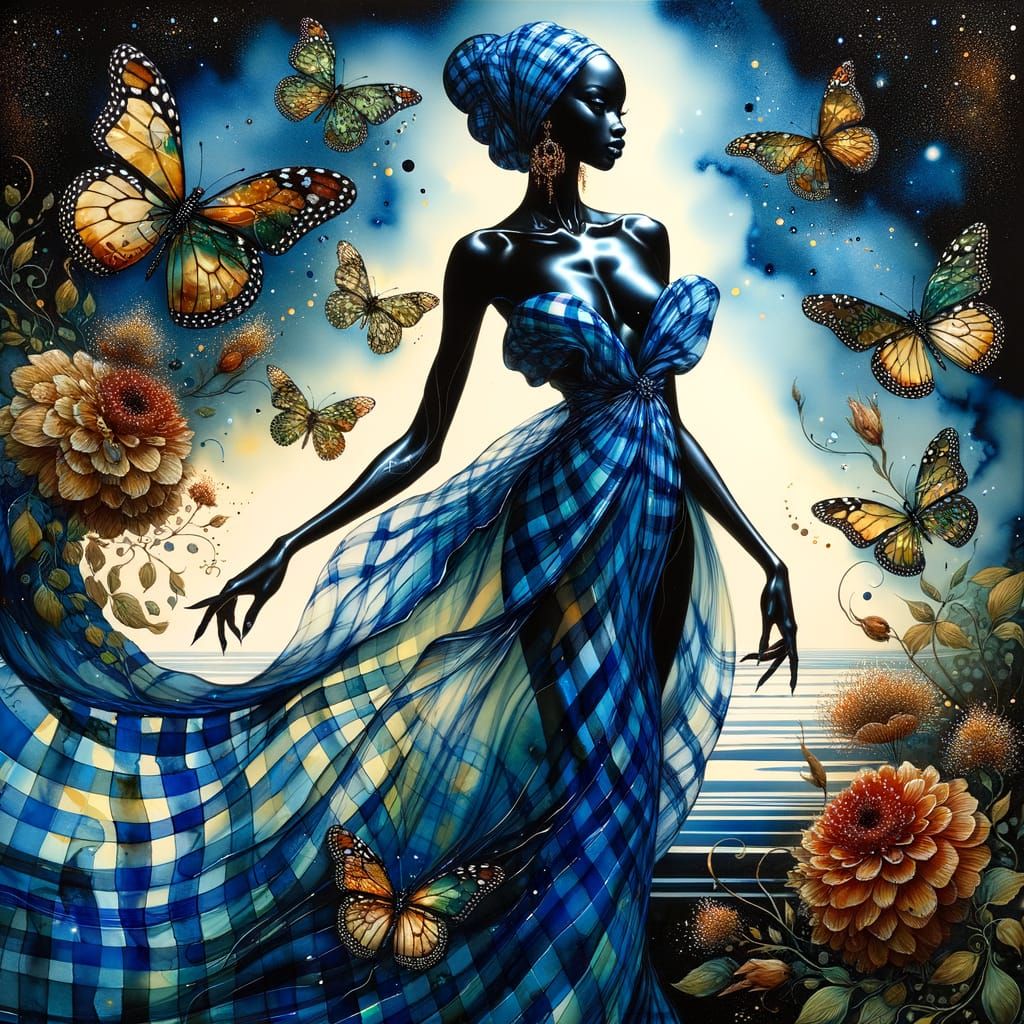 African Goddess in Whimsical Blue Gingham Dreamscape