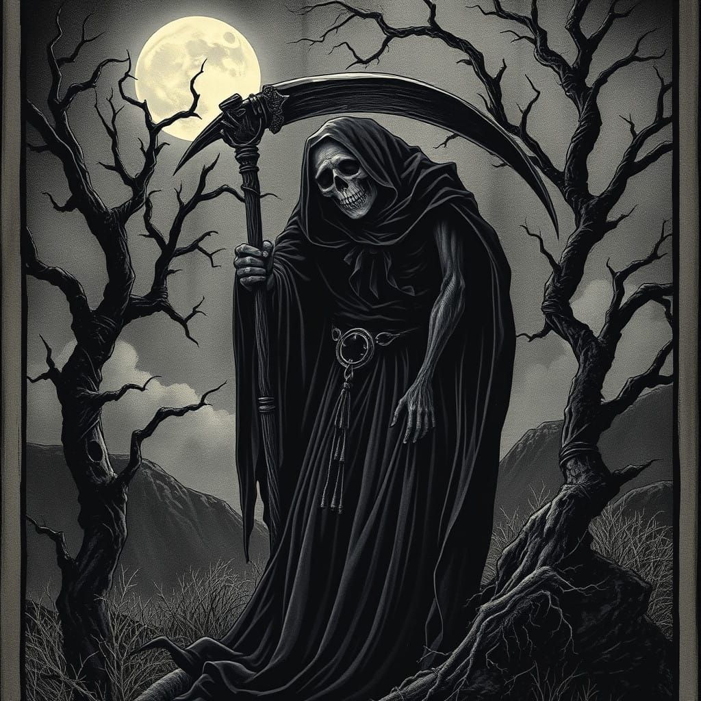 Eerie Grim Reaper Portrayal in Haunting Tarot Card Art