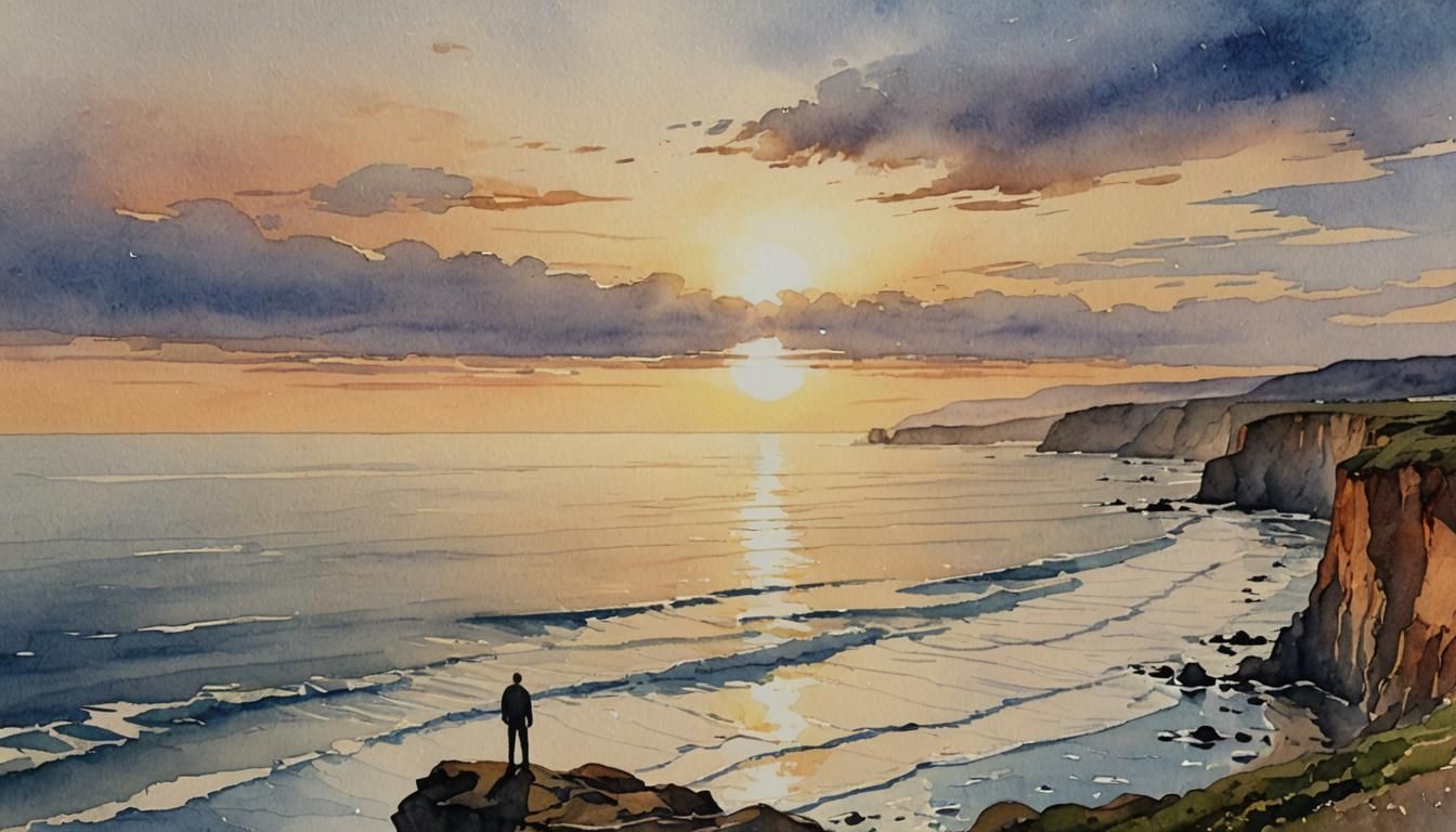Pacific Ocean Sunset Watercolor Painting