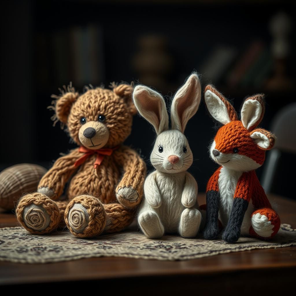 Hyperrealistic Wool Animals on Table in HDR