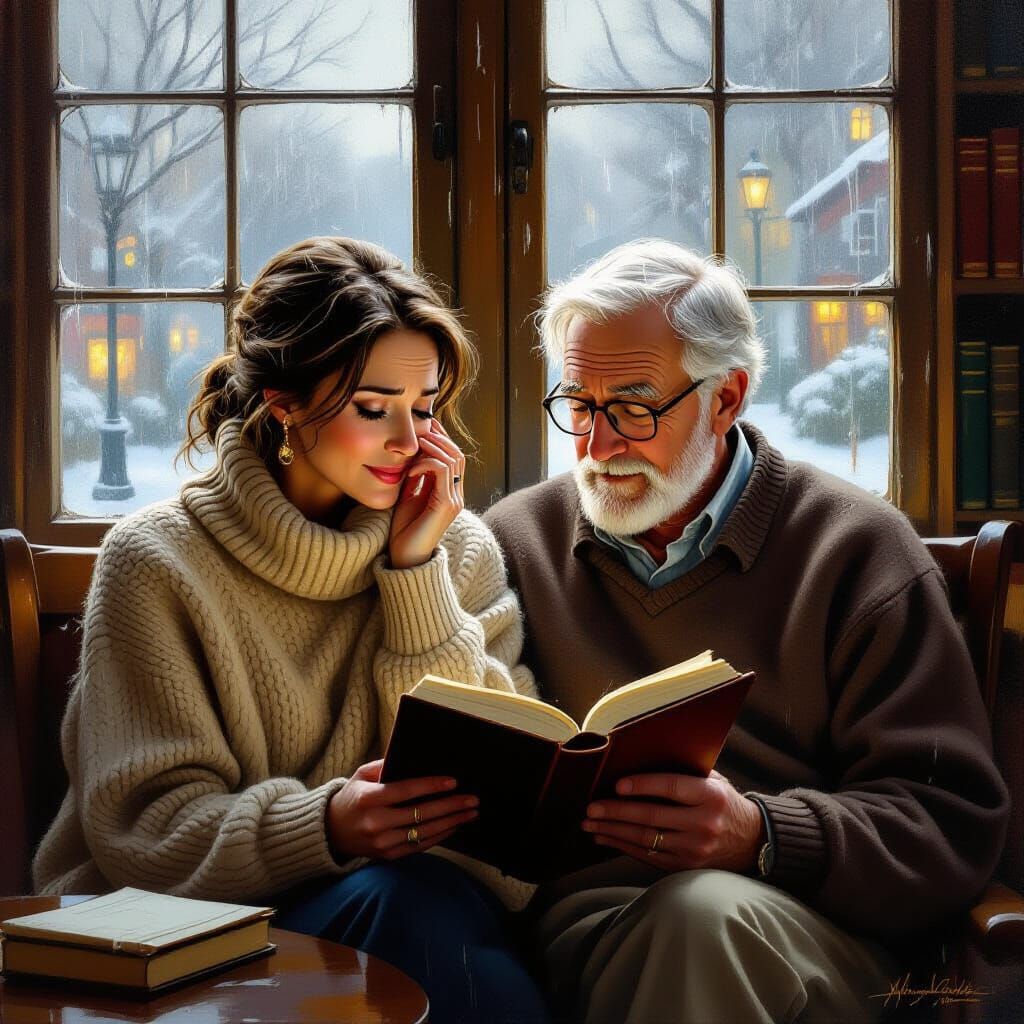 Cozy Library Scene: Woman Reading and Wiping Tears