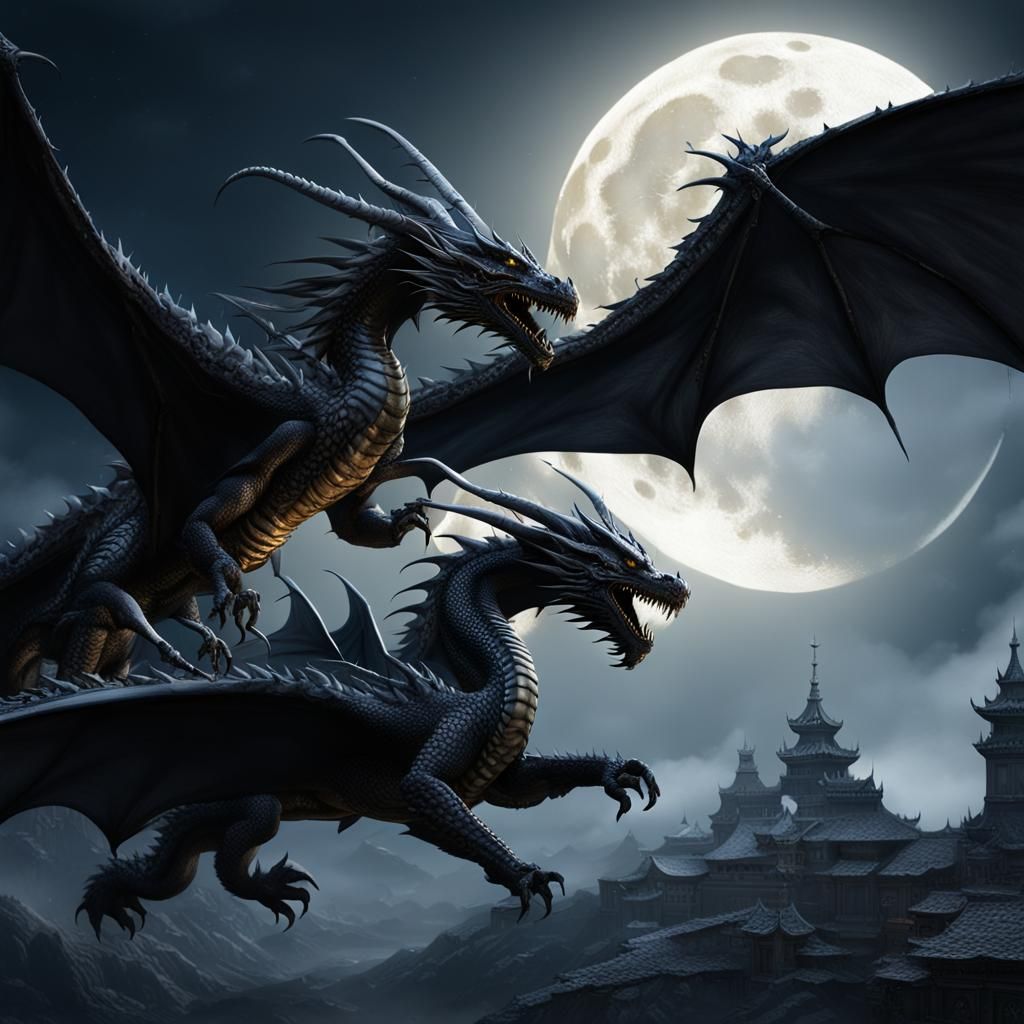 Dragons Silhouetted Against the Moon in Fantasy Art