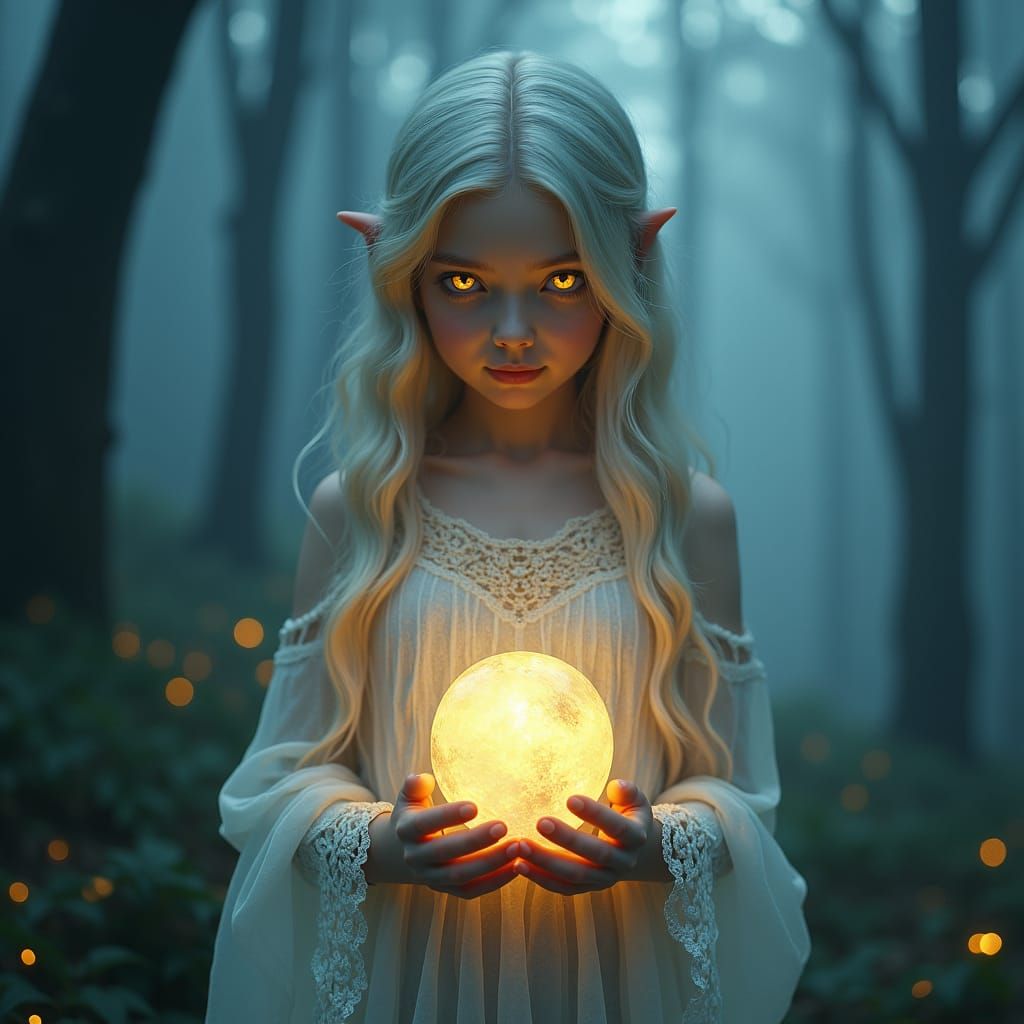 Mystical Girl in Moonlit Forest, Art Nouveau Style