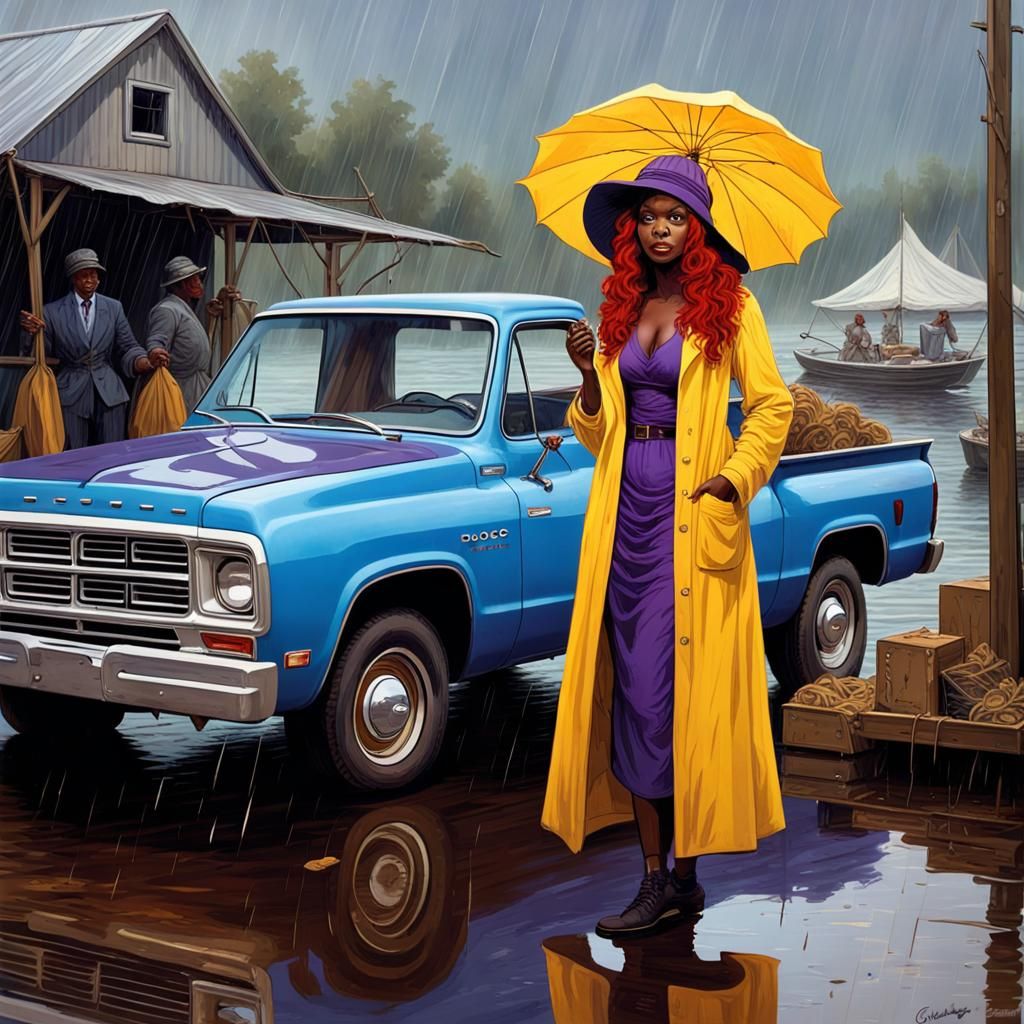 Woman Selling Dodge Truck in Horror Art Style