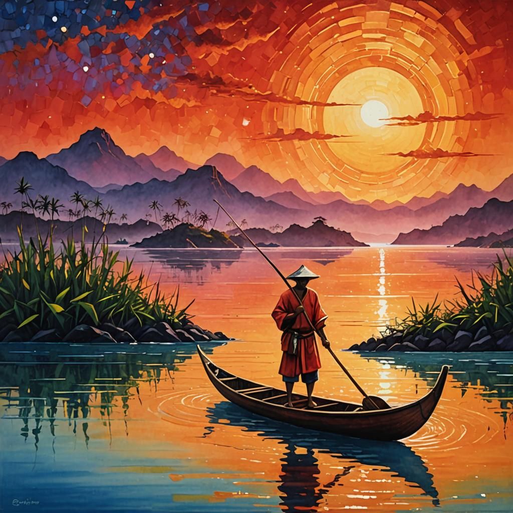 Filipino Fisherman at Sunset in Surreal Style