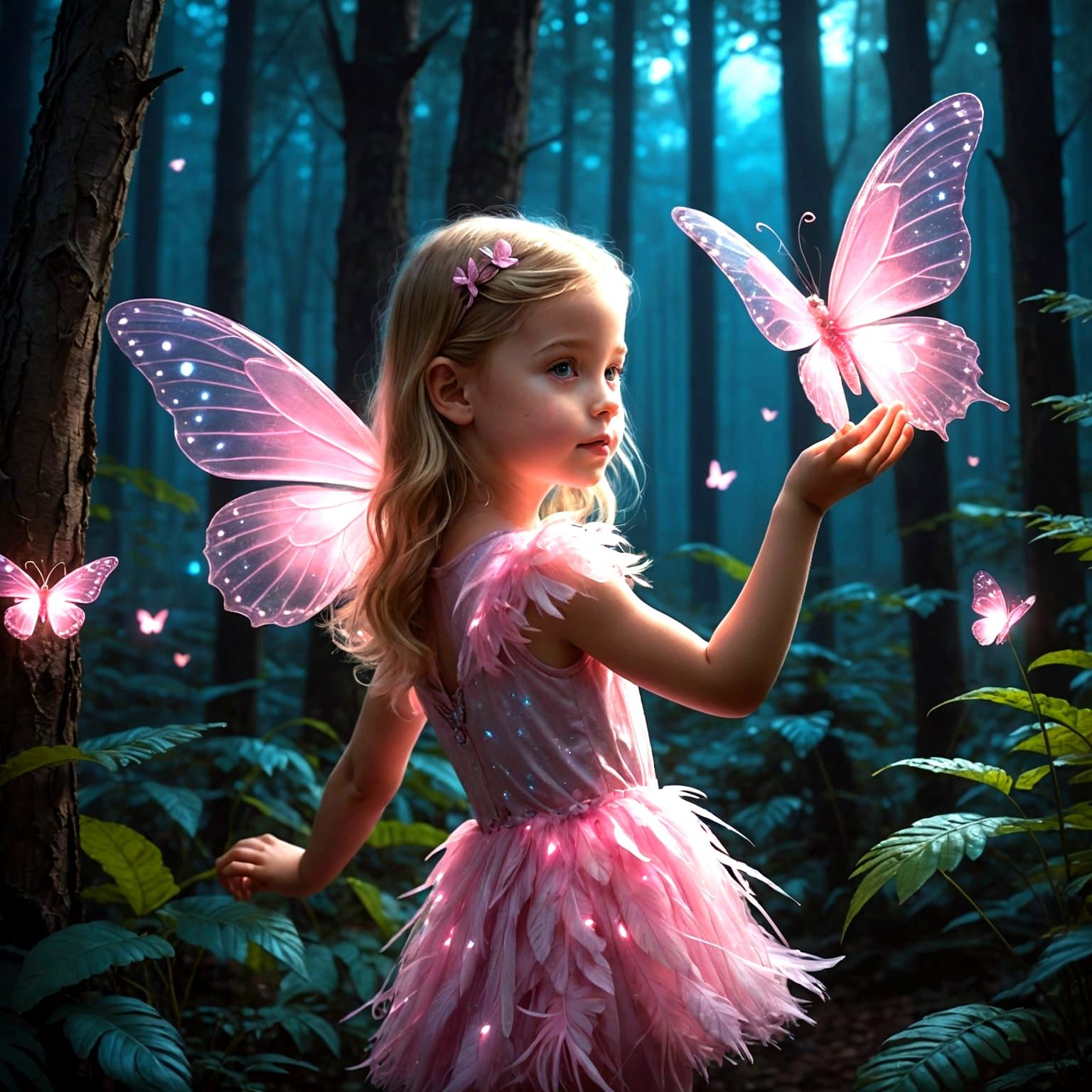 Glowing Girl and Butterfly in Synthwave Neon Forest