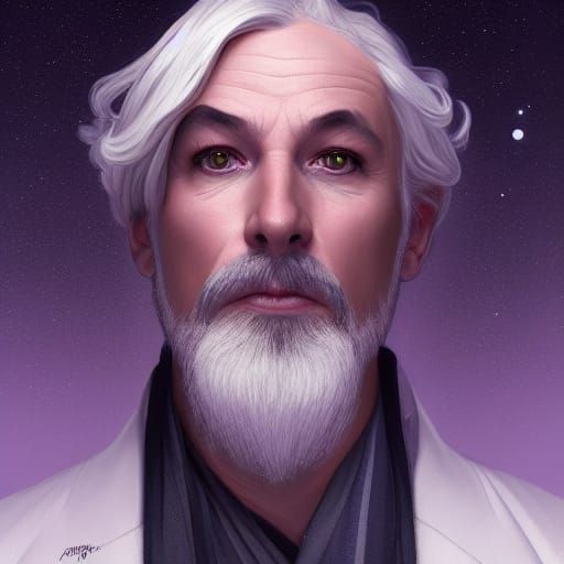 Silver Haired Man in Purple Gown, Hyperdetailed Portrait