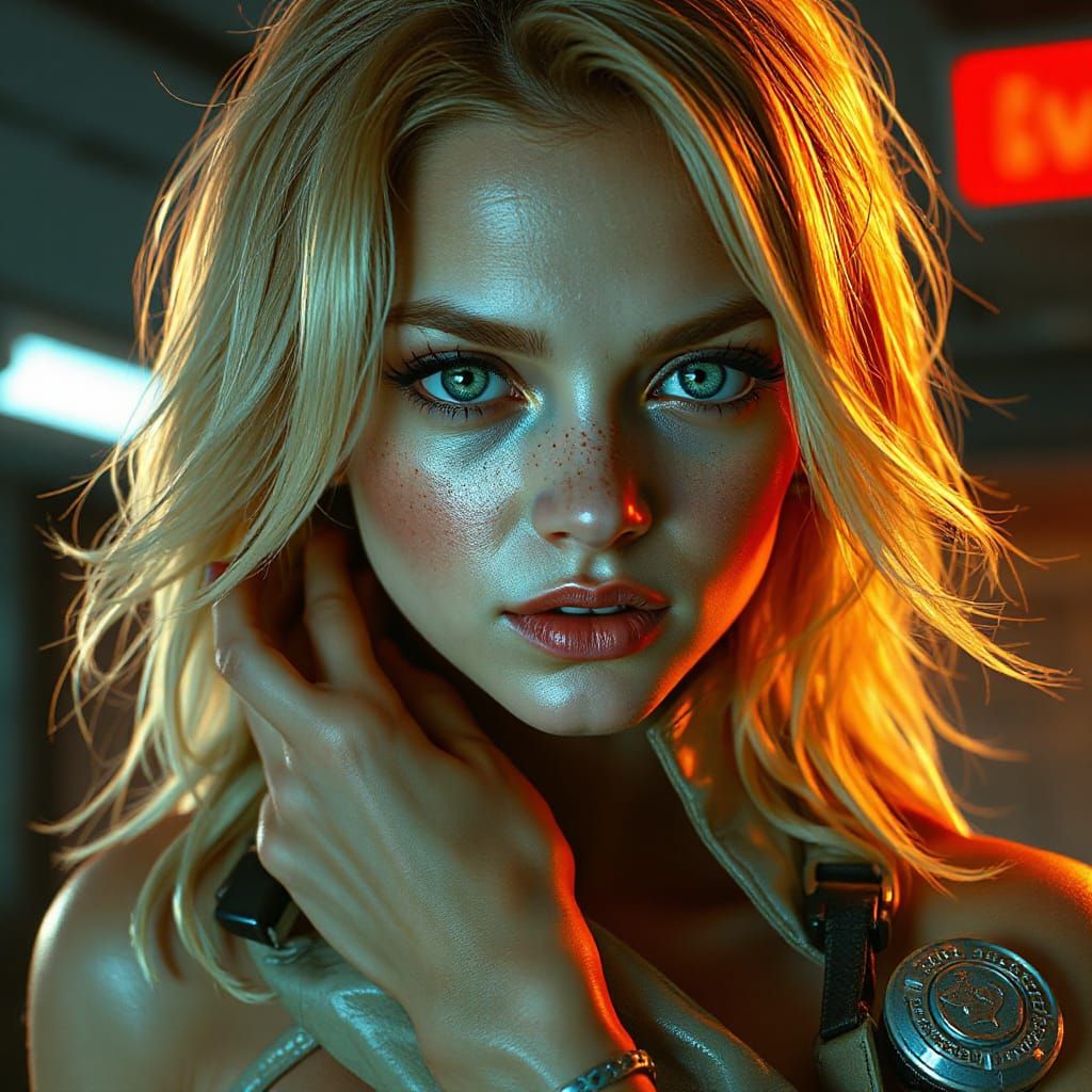 Blond Woman in Futuristic Stealth Pose