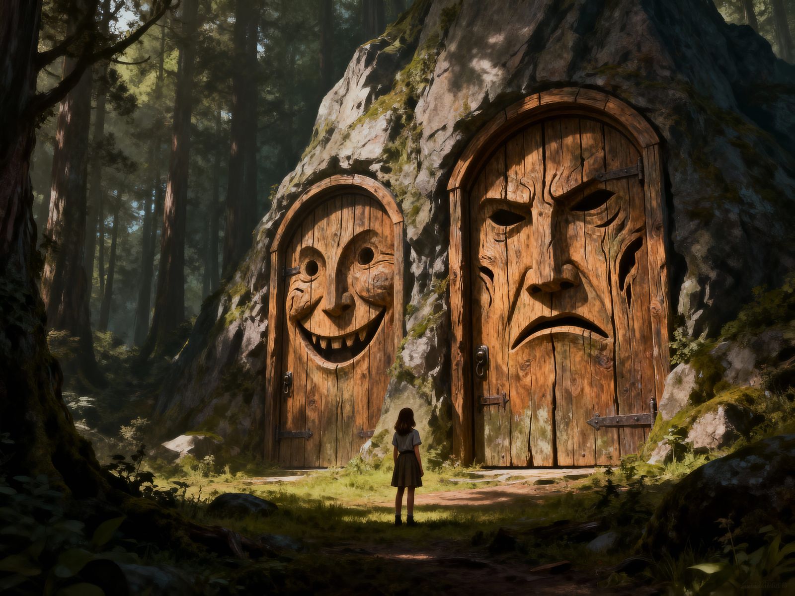 Fantasy Art of Girl Before Two Carved Doors in Woods
