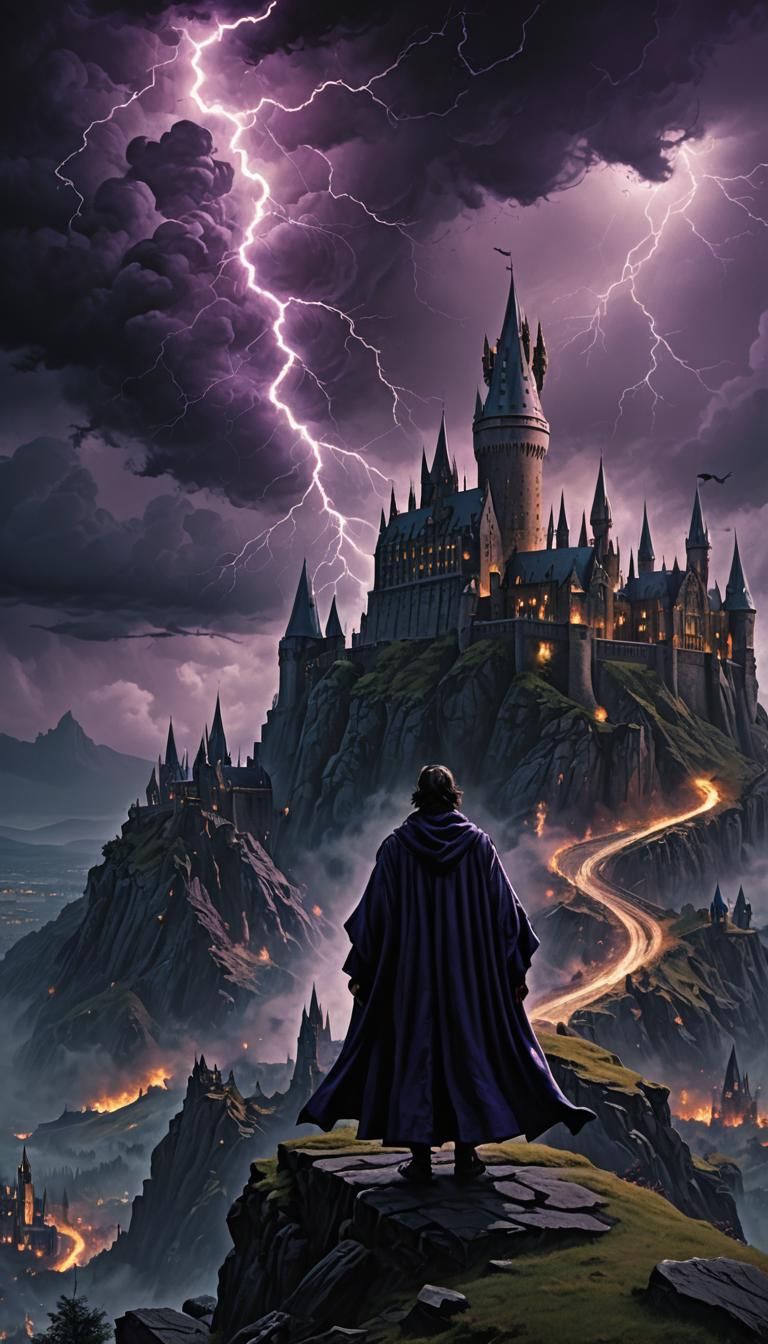 Dark Wizard Overlooking Hogwarts in Fantasy Art