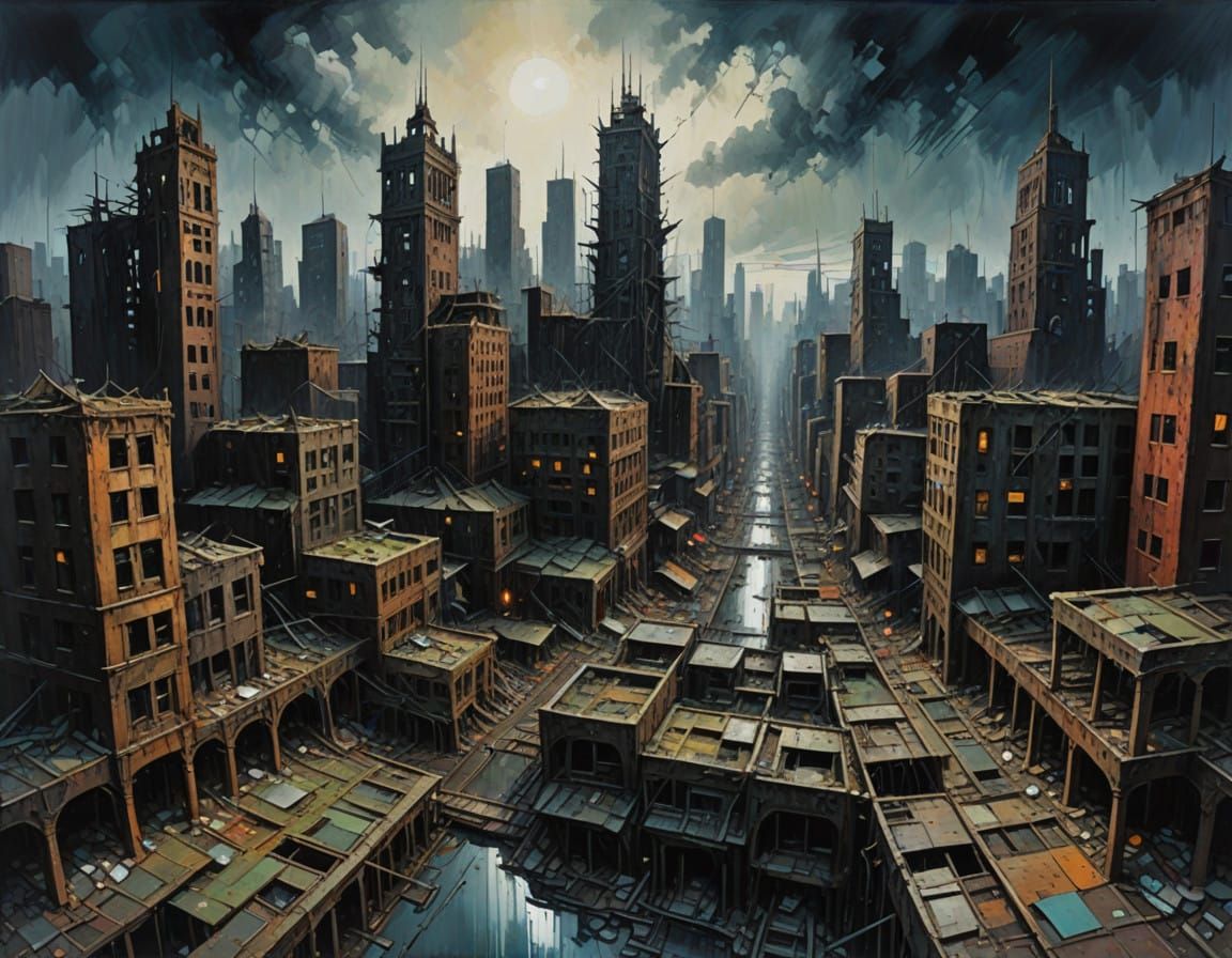 Abandoned Metropolis in Dark Fantasy Oil Painting Style