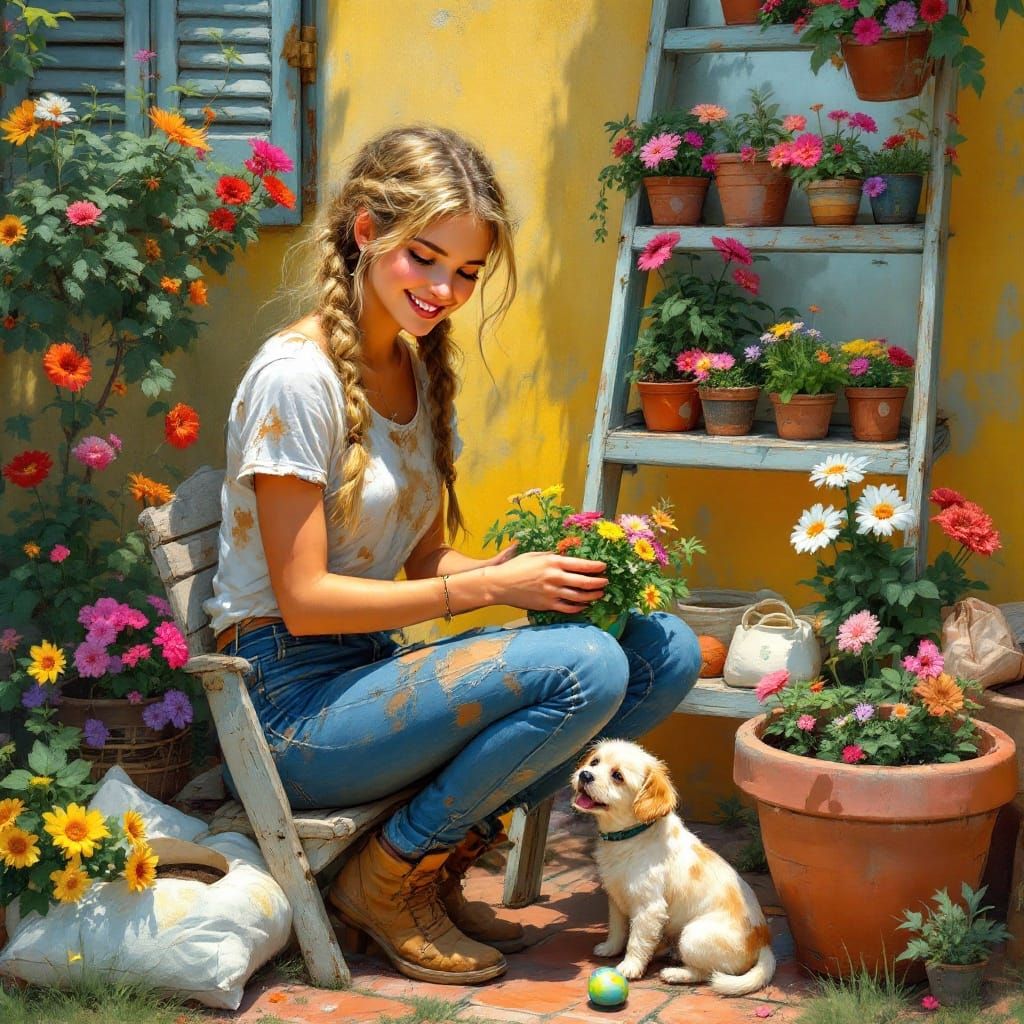 Woman and Dog in a Sunny Garden, Naive Art