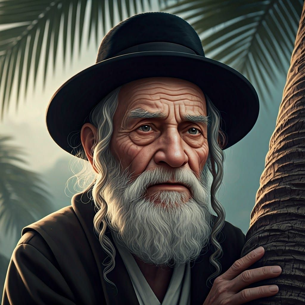 Elderly Man Climbing Palm Tree in Anime Style