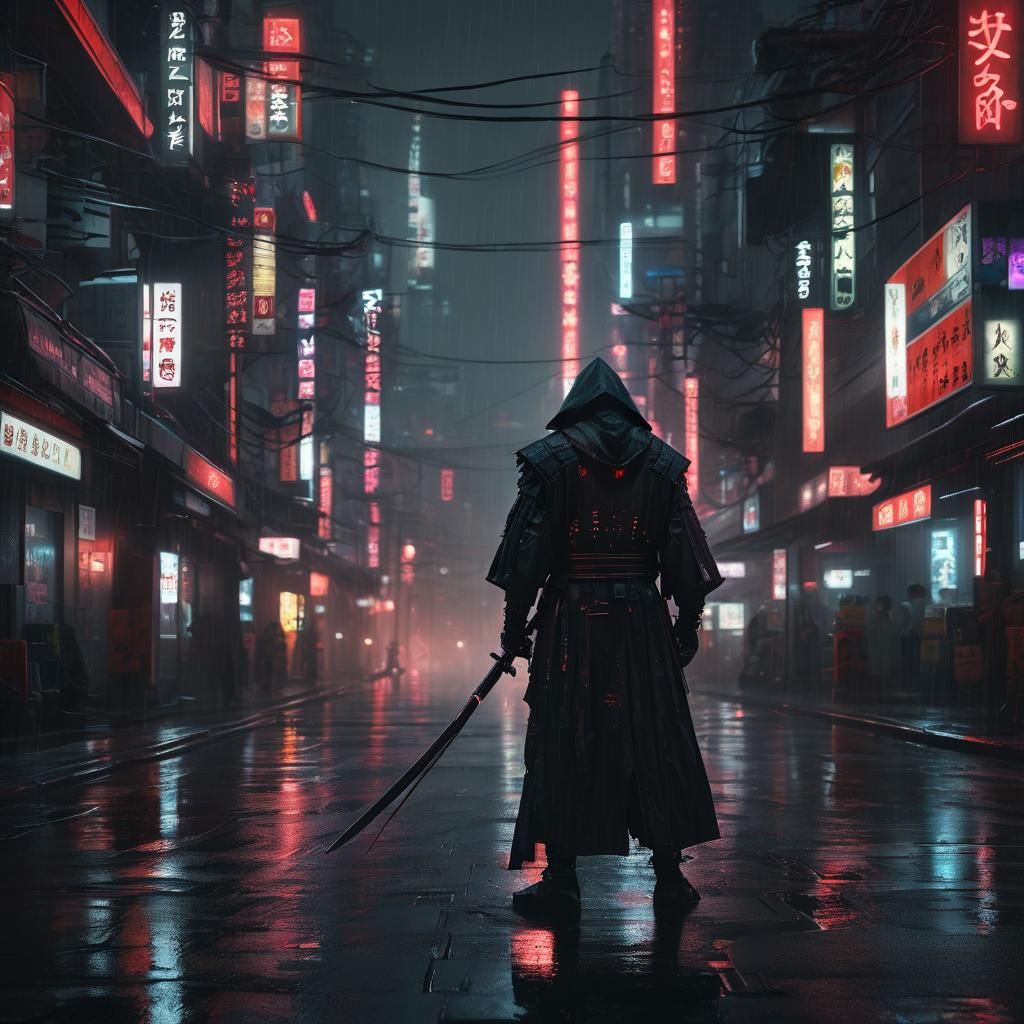 Cyberpunk Grim Reaper Samurai in Neon Tokyo