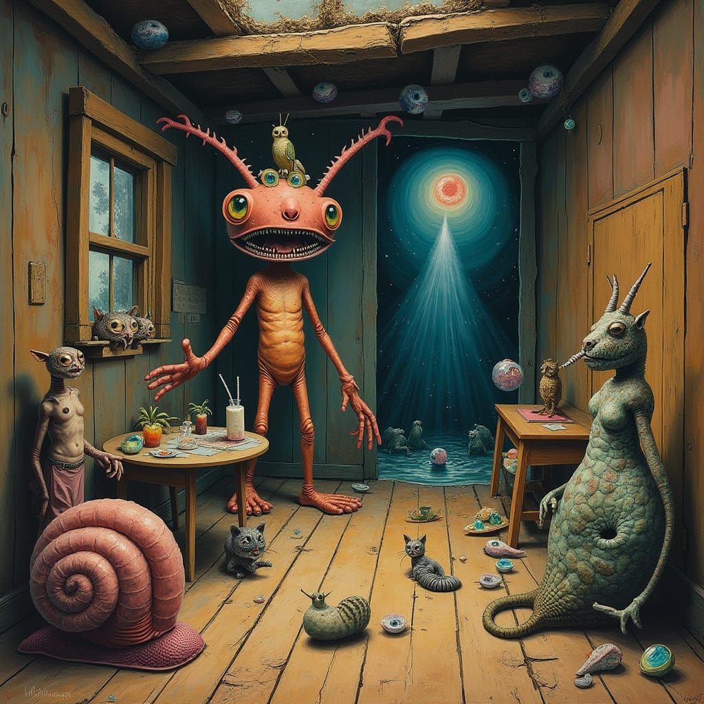 Surreal Horror Dreamscape Inside Decaying Cabin