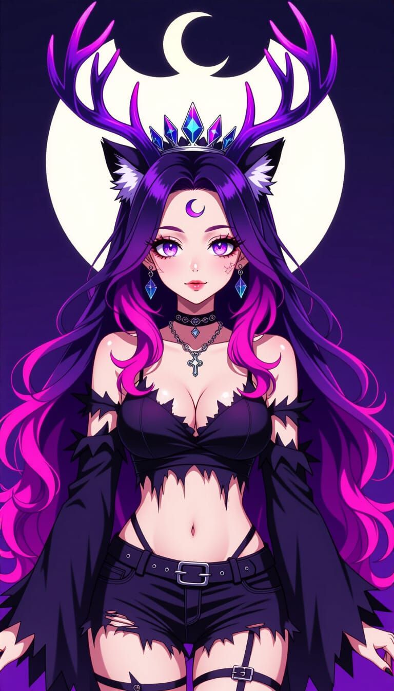 Gothic Manga Woman with Wolf Ears and Antlers