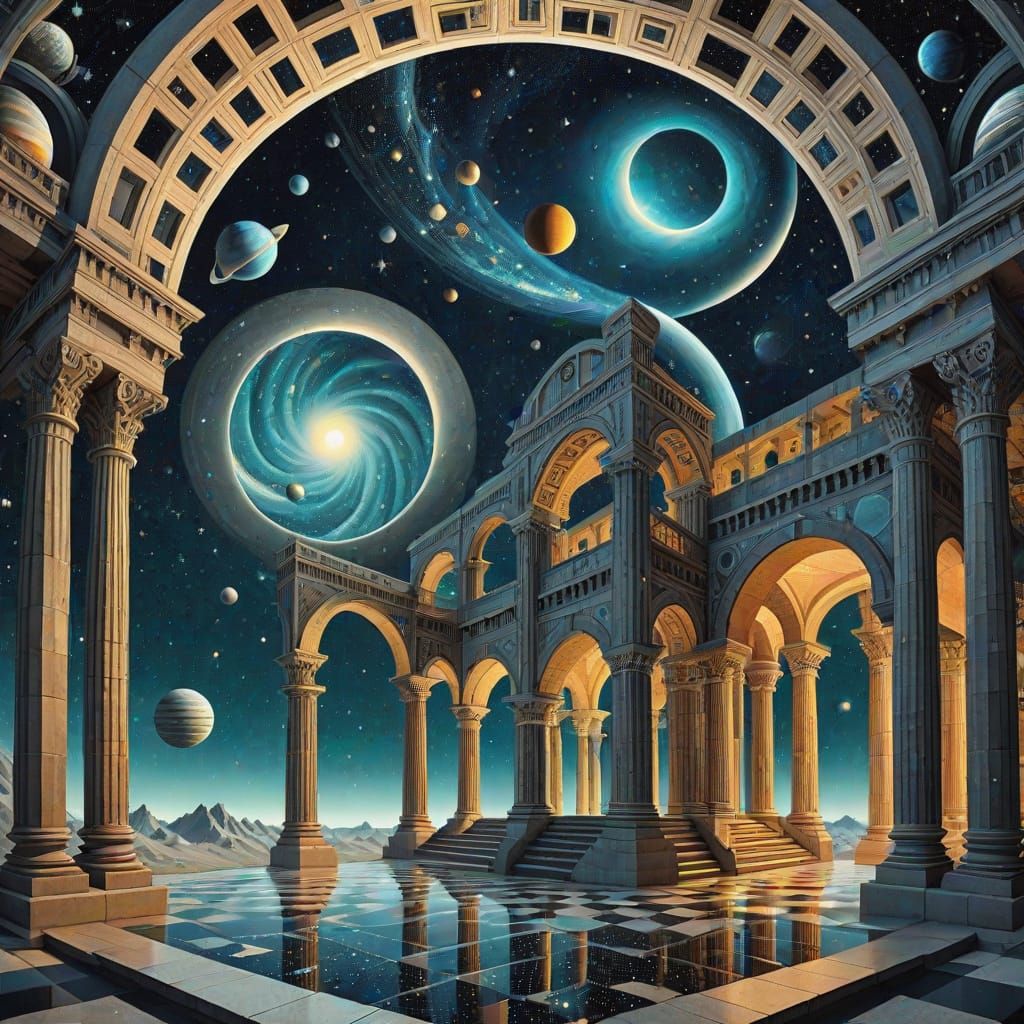 Escher-Inspired Architectural Fantasy in Cosmic Expanse
