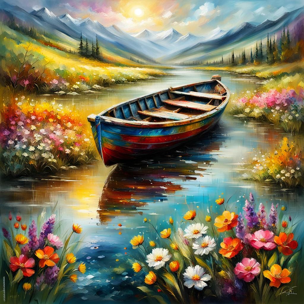 Spring Landscape Oil Painting with Colorful Boat