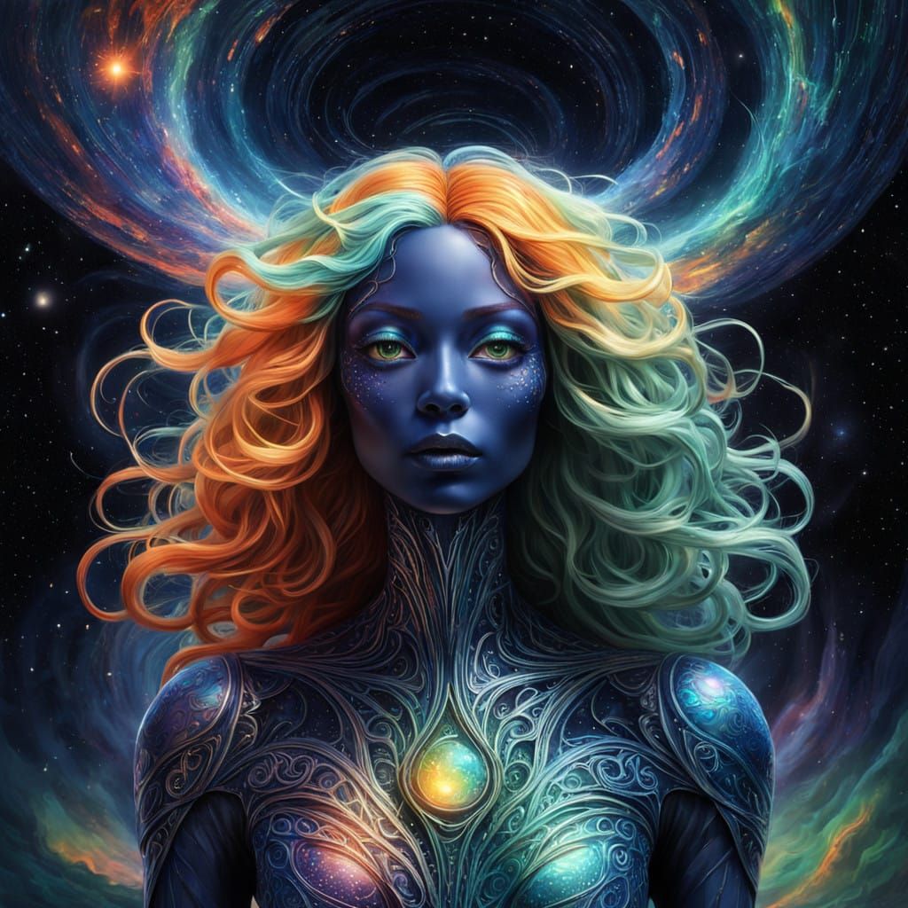 Cosmic Alien with Vibrant, Iridescent Wig