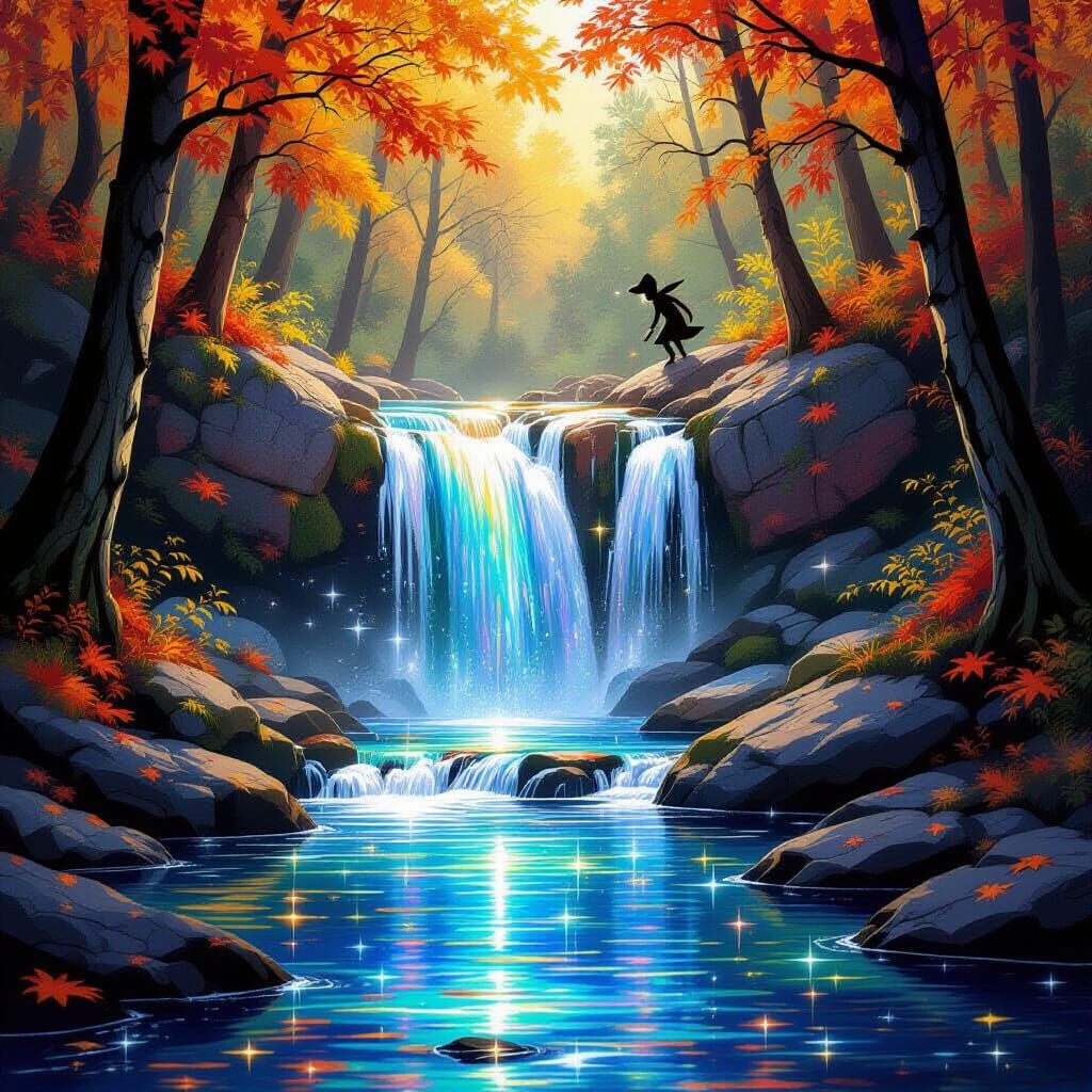 Enchanted Autumn Waterfall Painted by Mischievous Sprite
