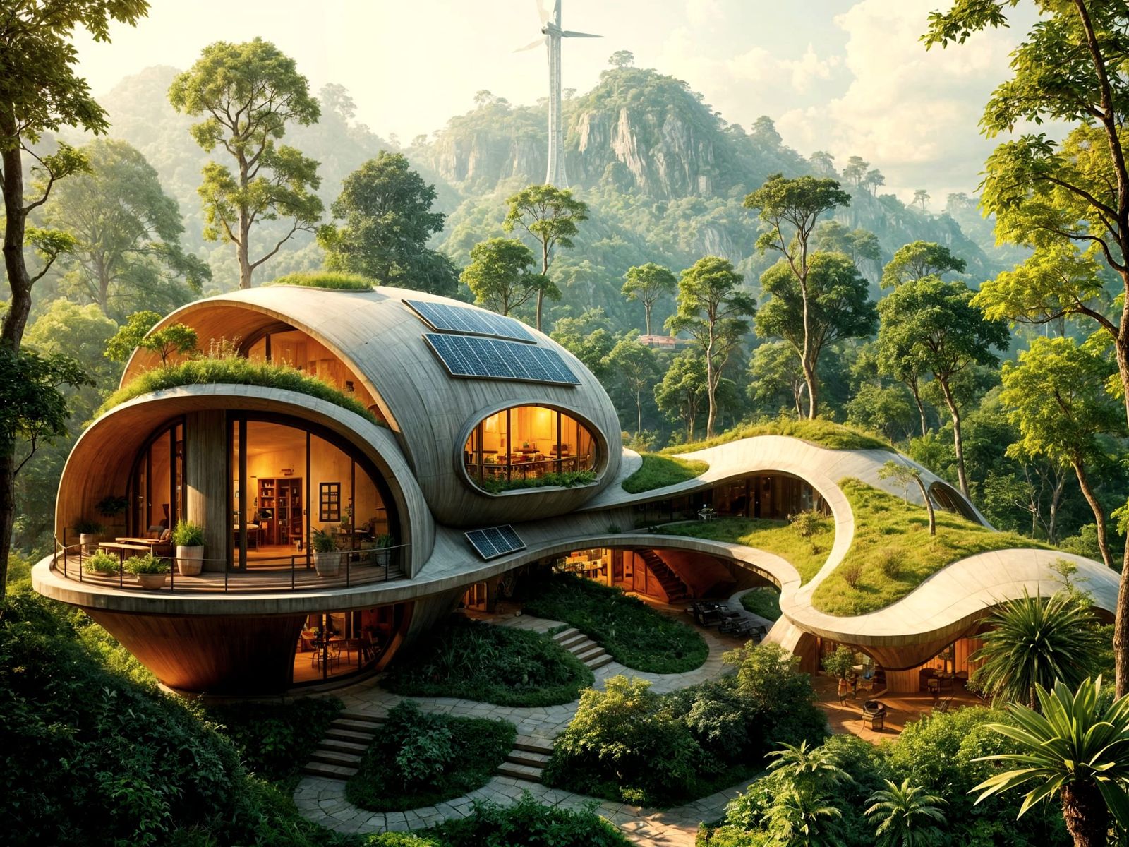 Solarpunk Utopia with Lush Architecture and Green Energy