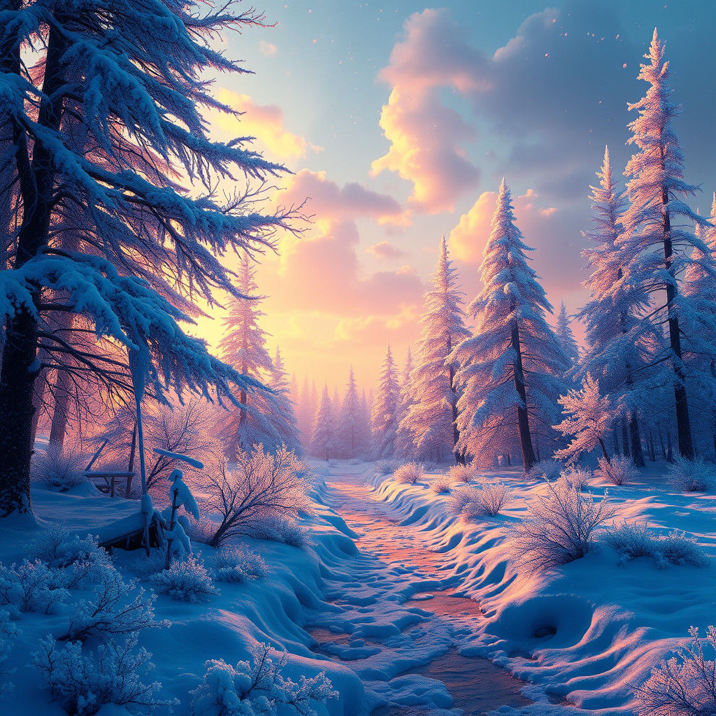 Vibrant Frosty Winter Landscape in Fantasy Style