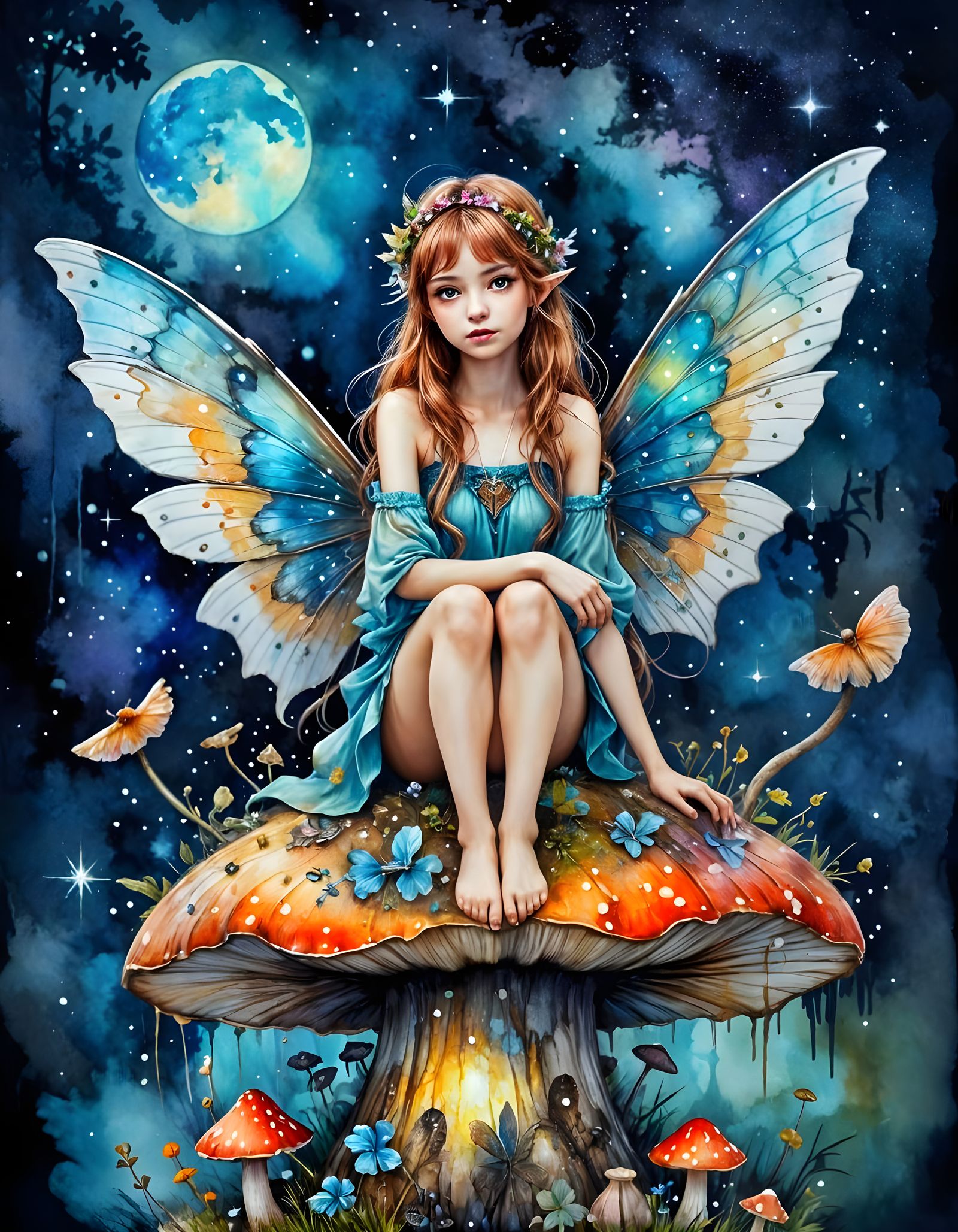 Dreamy Fairy Gazing at Twinkling Stars