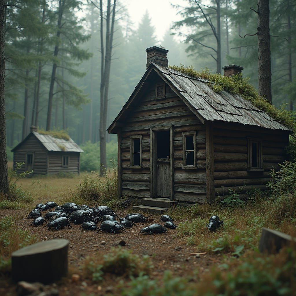 Surreal Hyper Realistic Scene of Giant Beetles Devastating a...