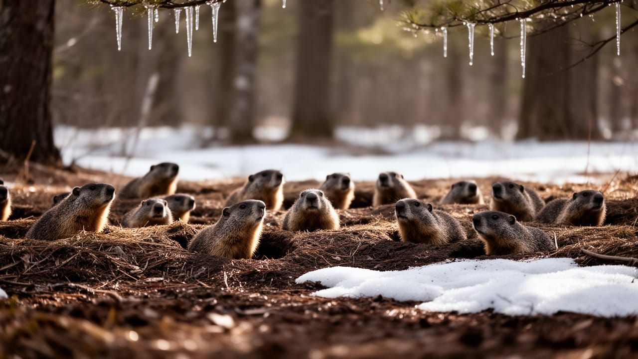 Curious Groundhogs Emerge in Early Spring Forest