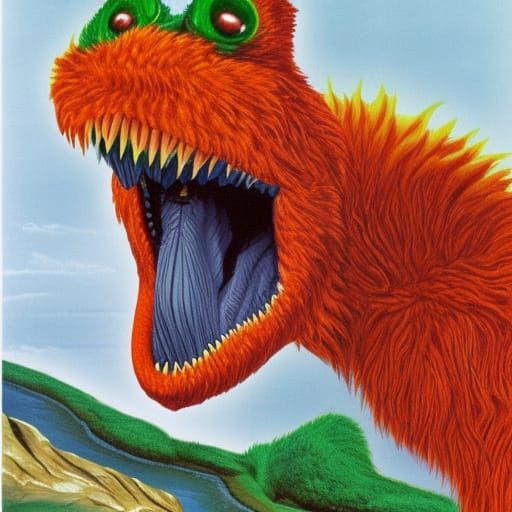 Horned Blue Fur Monster in 1980s VHS Style