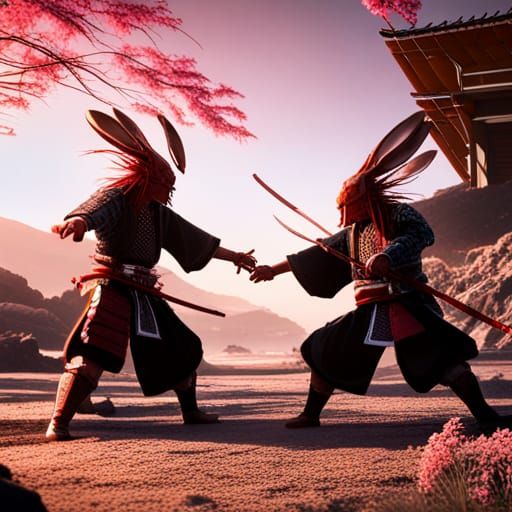 Samurai Rabbits Sword Fight: Detailed Fantasy Art