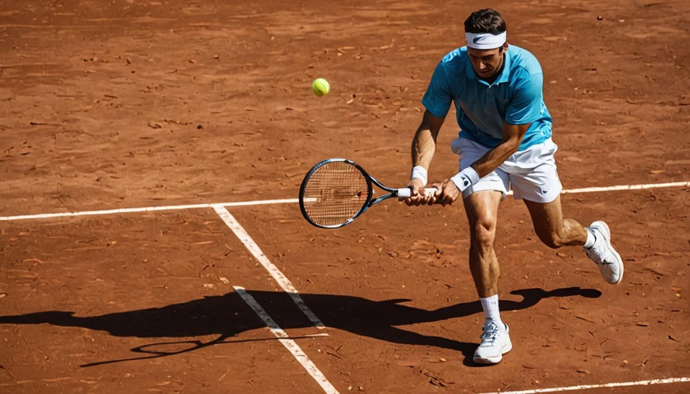 Tennis Player Stretching to Smash Ball on Clay Court
