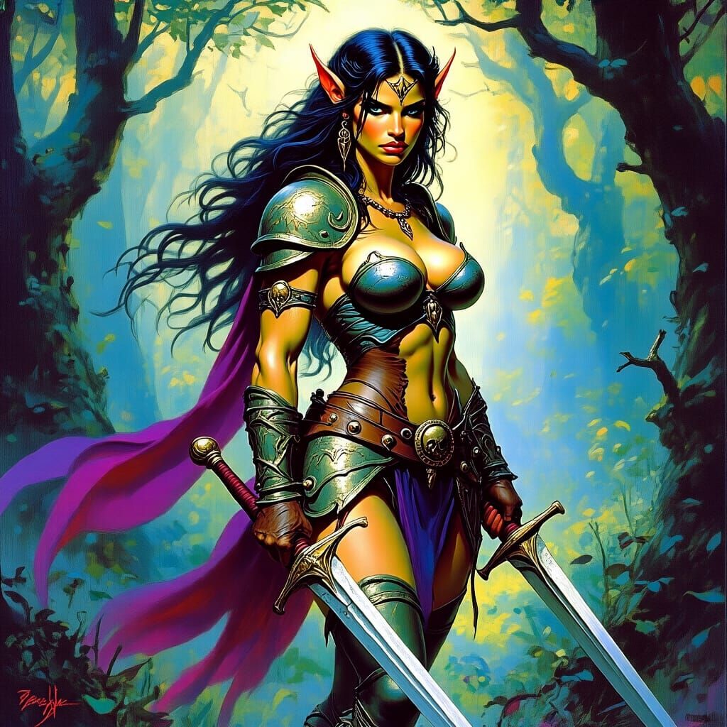 Armored Female Centaur Warrior in Mystical Forest