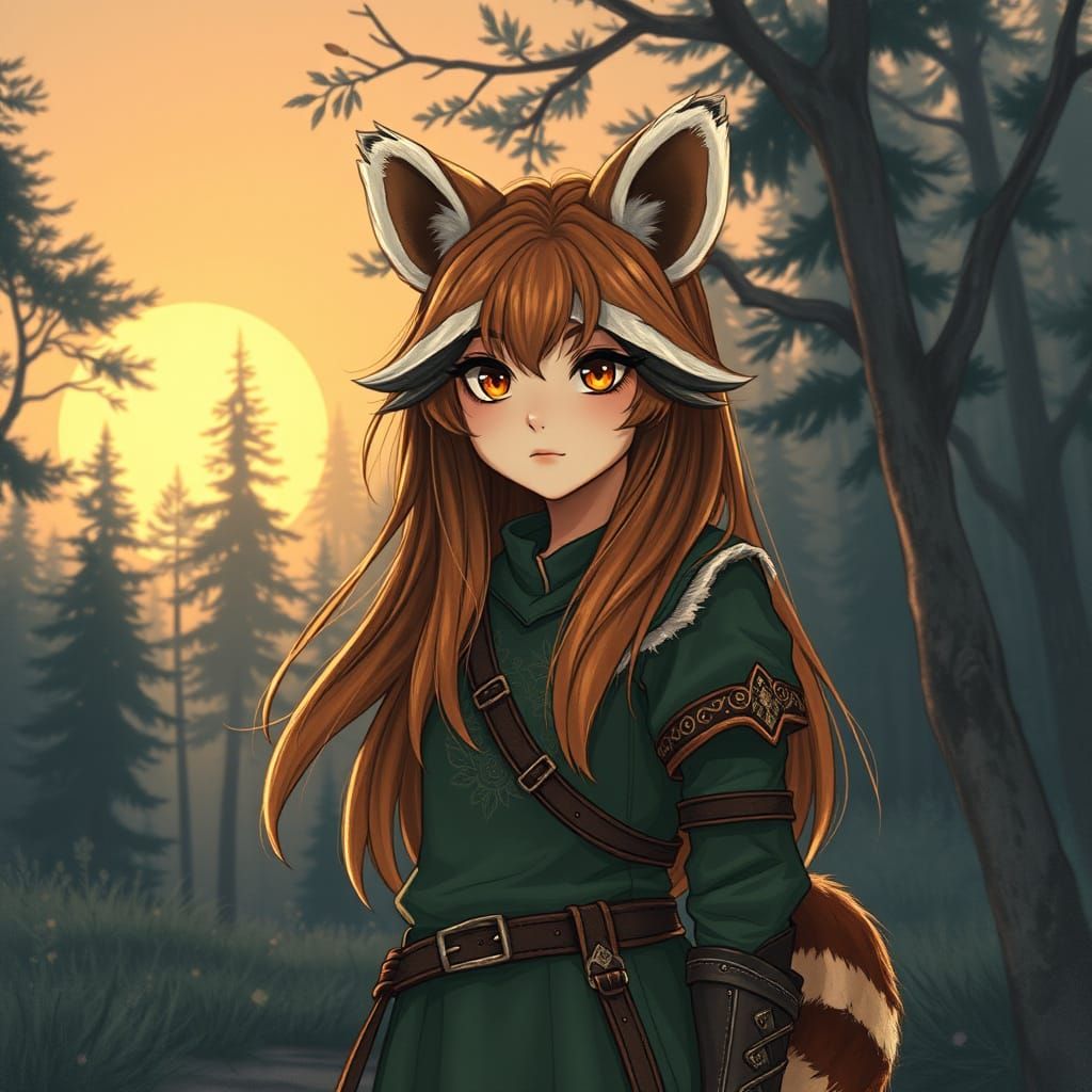 Determined Demihuman Raccoon Girl Embodies Courage and Vulne...