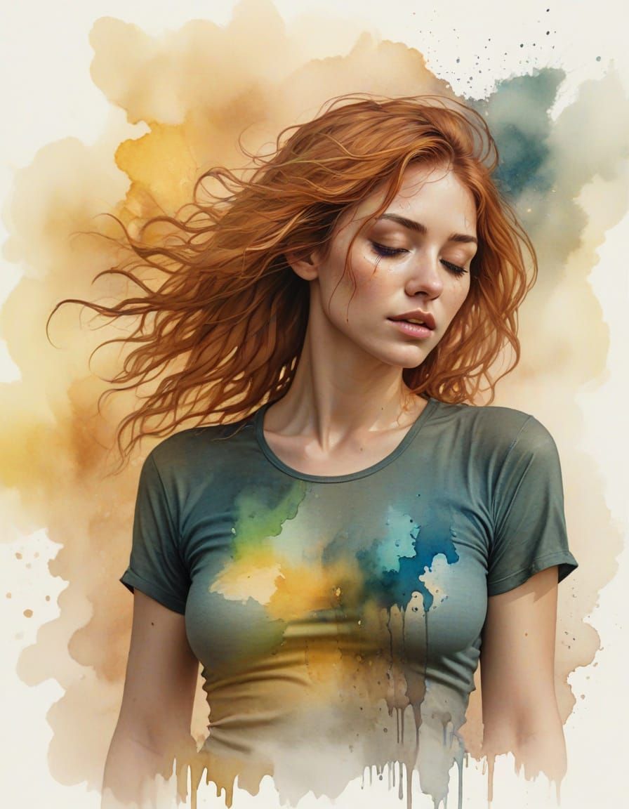 Surreal Watercolour Art of Hazel-Haired Woman in Golden Fog