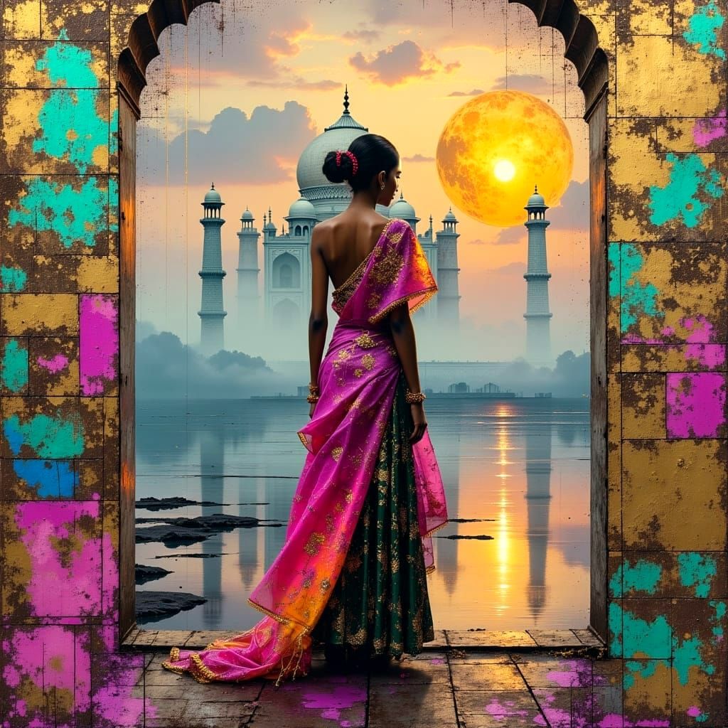 Surreal Oil Painting of Modern Indian Woman at Taj Mahal