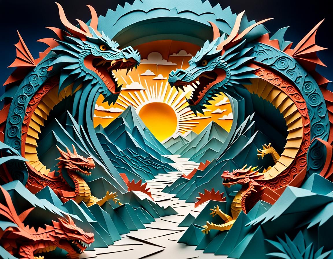 Kirigami Dragons Clash in Papercraft Landscape